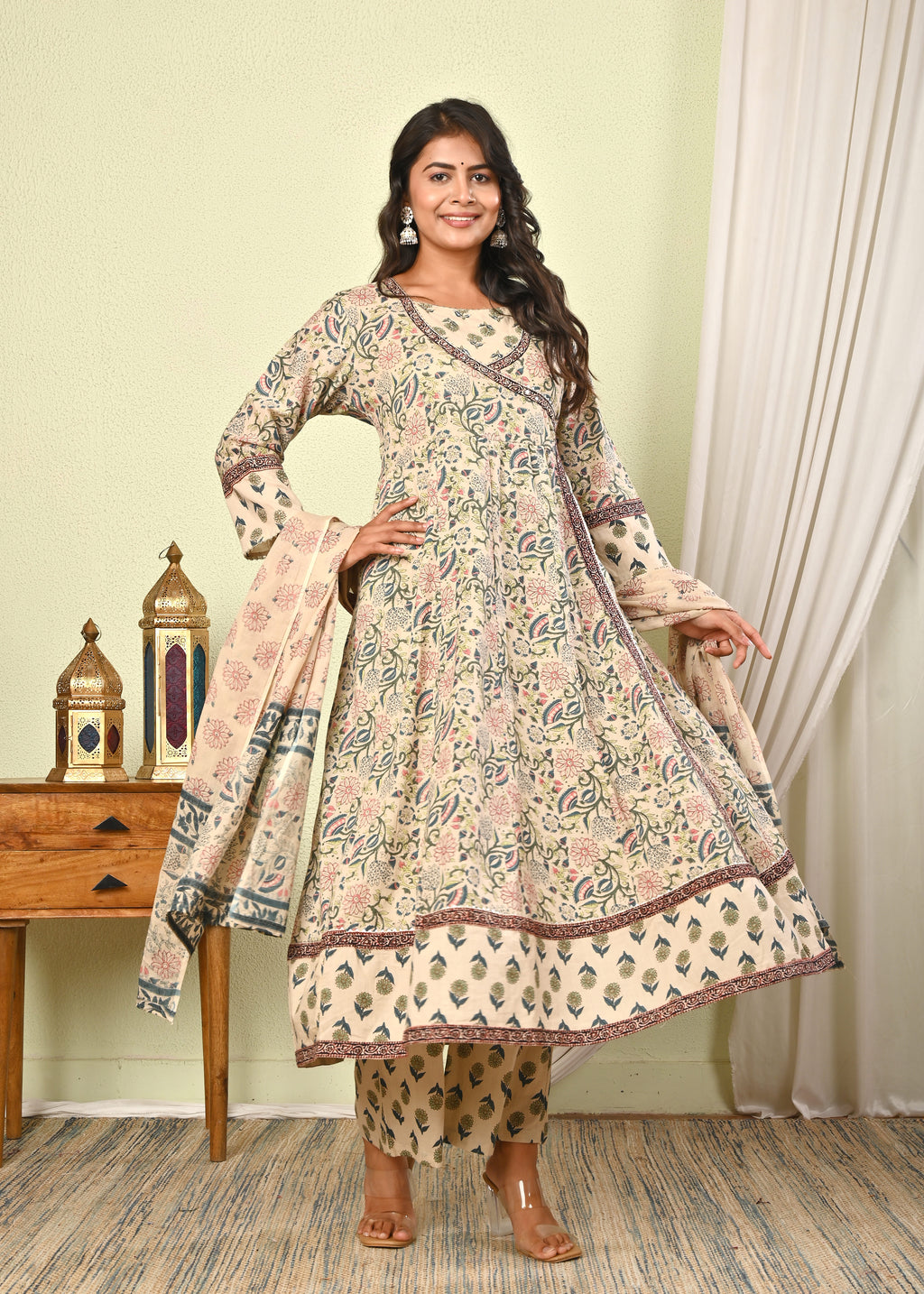 Women’s Cotton Anarkali Kurta Set with Pant & Dupatta - (1390)