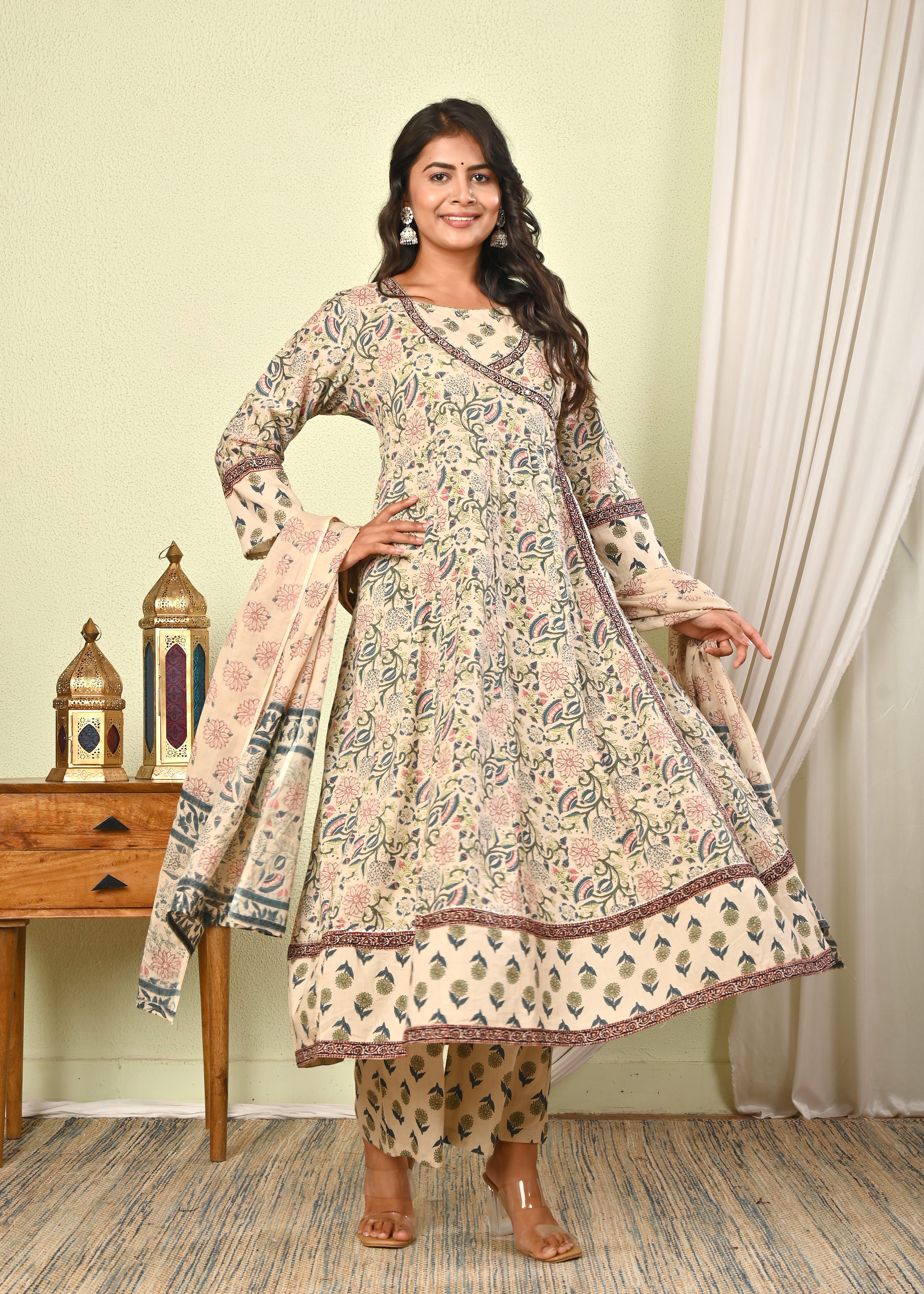 Women’s Cotton Anarkali Kurta Set with Pant & Dupatta - (1390)