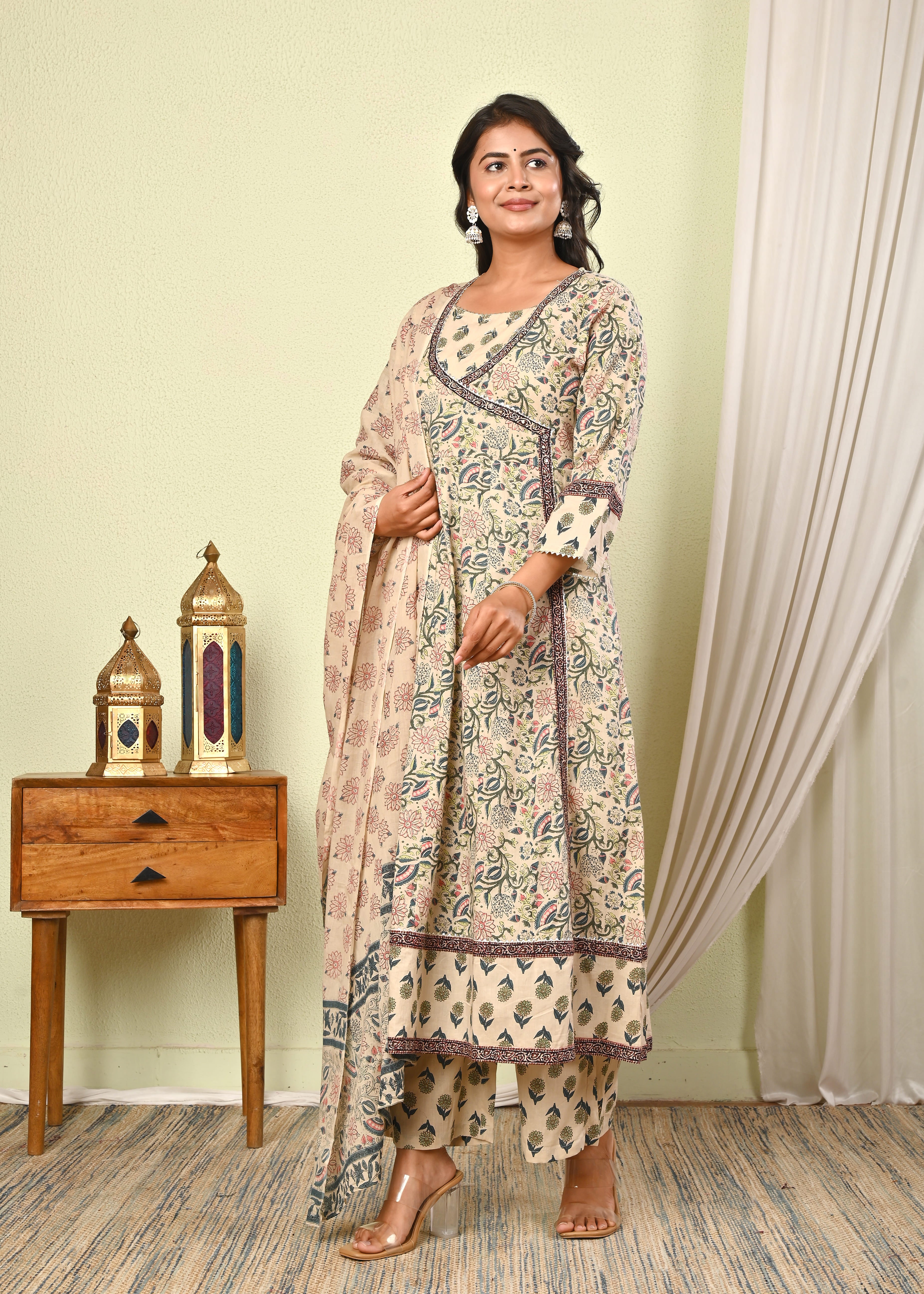 Women’s Cotton Anarkali Kurta Set with Pant & Dupatta - (1390)