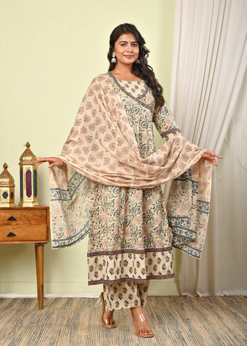 Women’s Cotton Anarkali Kurta Set with Pant & Dupatta - (1390)