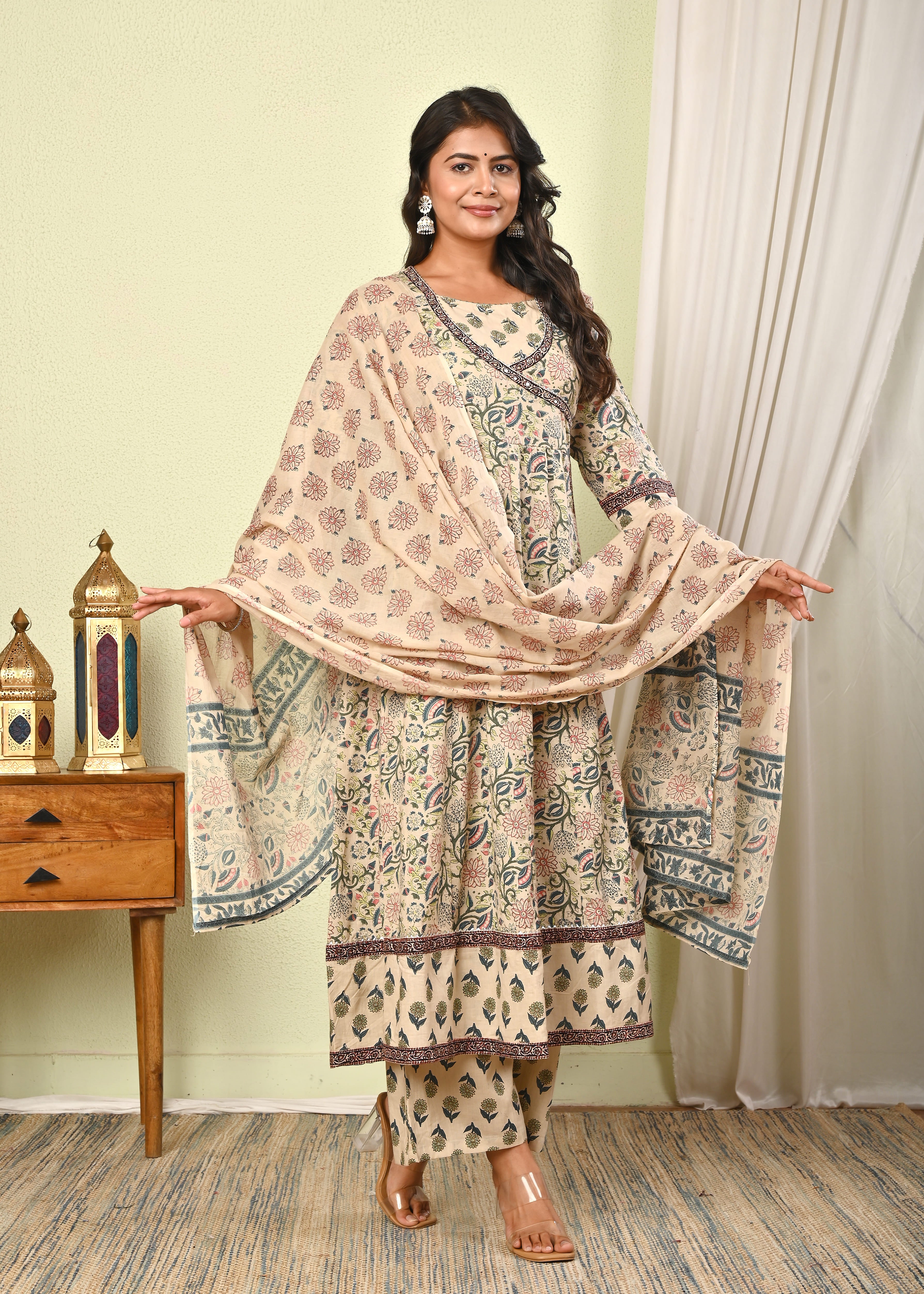 Women’s Cotton Anarkali Kurta Set with Pant & Dupatta - (1390)