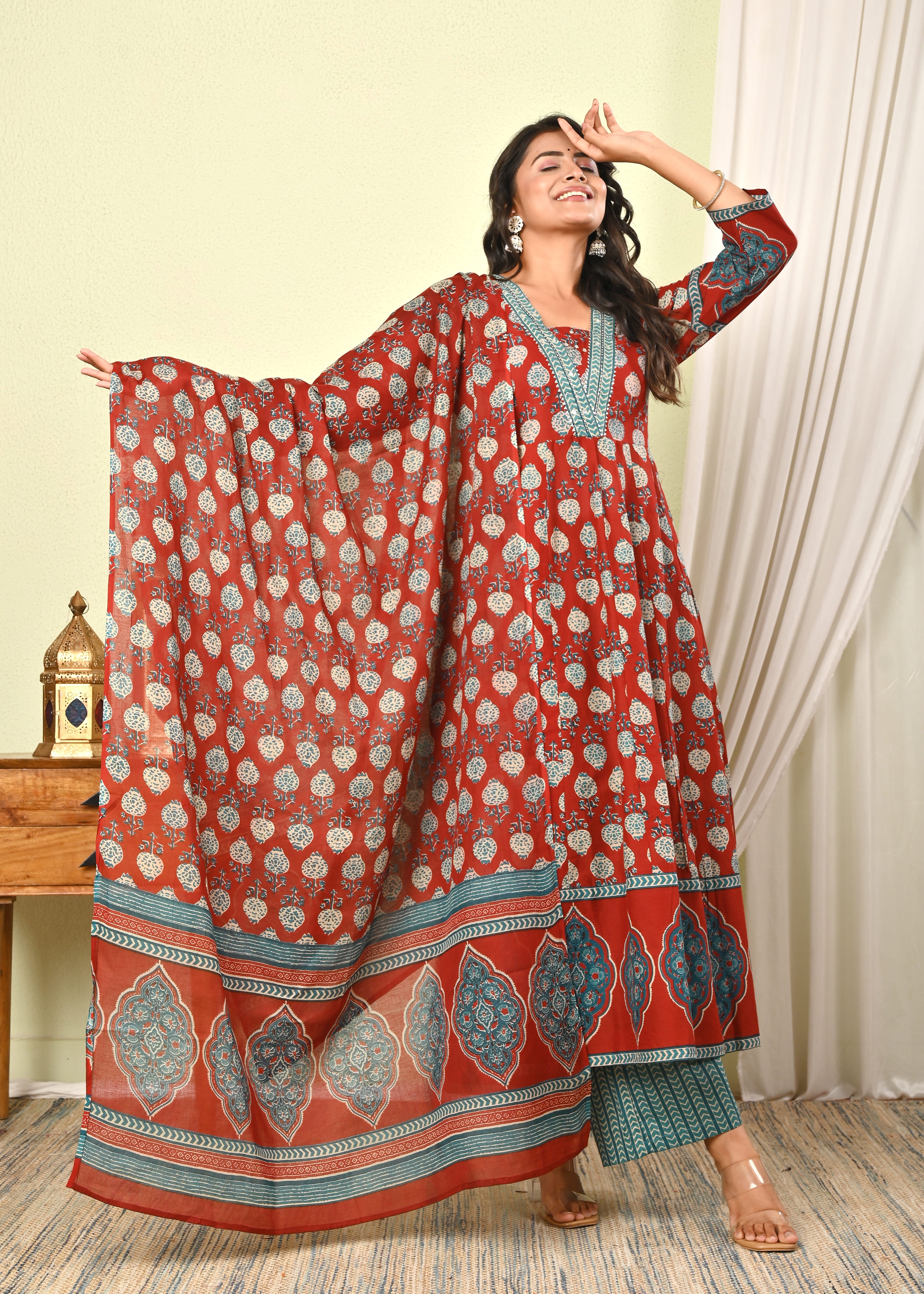 Women’s Red Handblock Printed Cotton Anarkali Kurta with Dupatta & Pants - (1391)