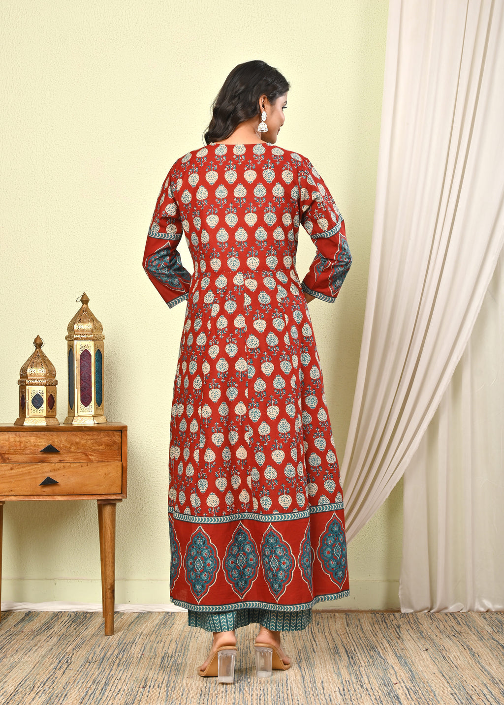 Women’s Red Handblock Printed Cotton Anarkali Kurta with Dupatta & Pants - (1391)