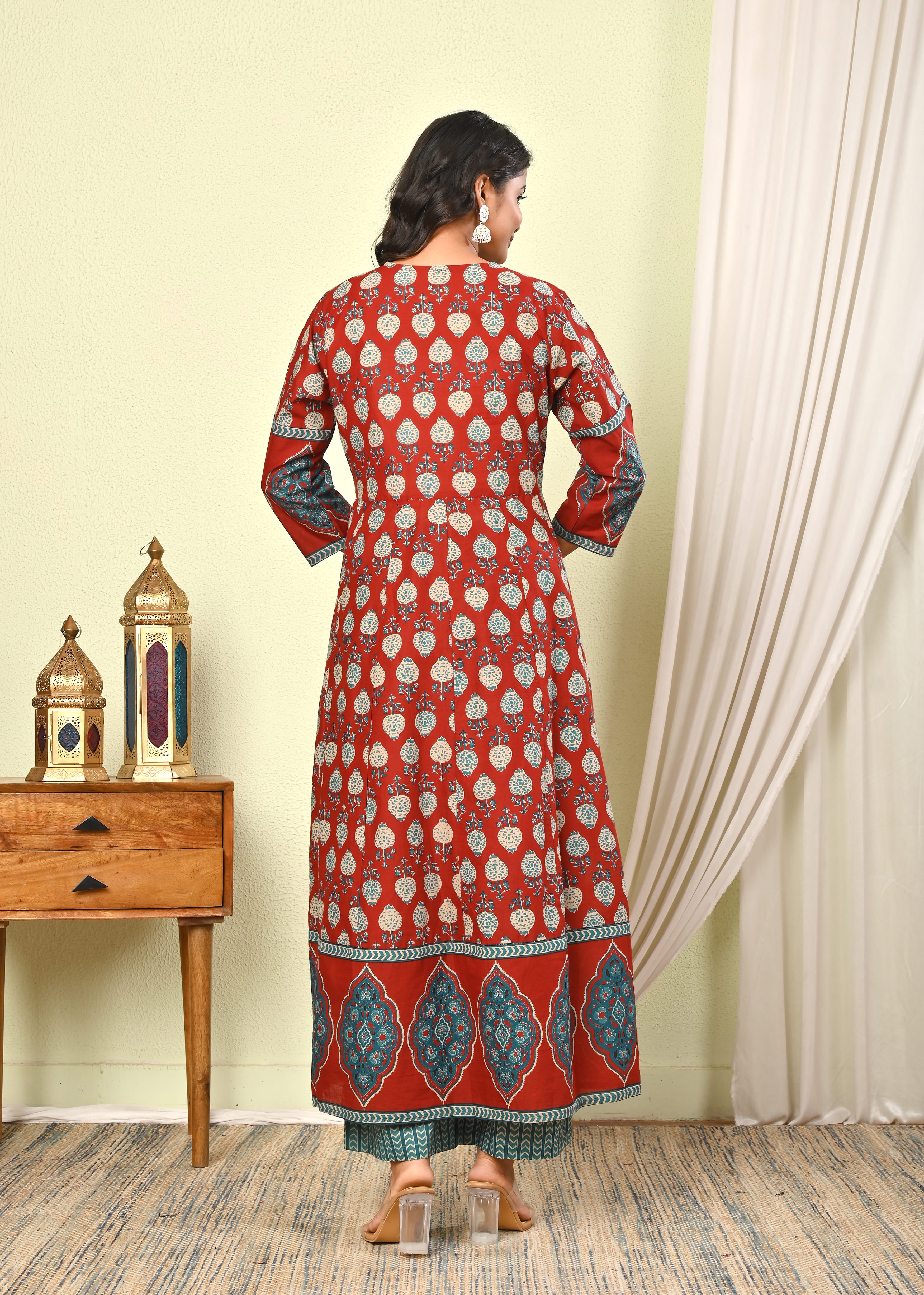 Women’s Red Handblock Printed Cotton Anarkali Kurta with Dupatta & Pants - (1391)
