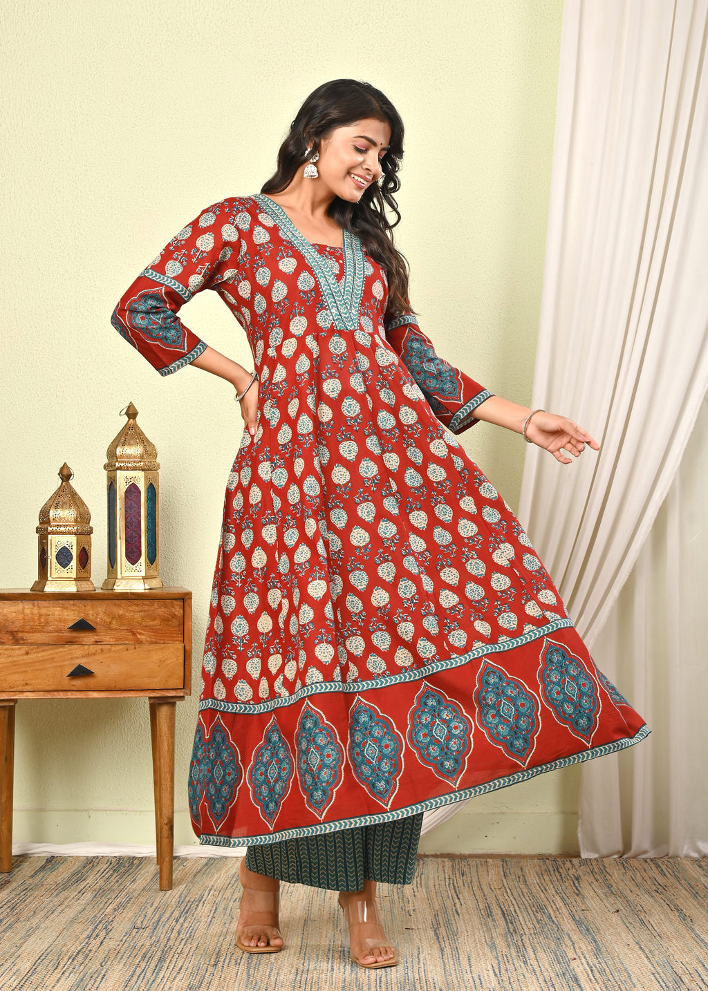 Women’s Red Handblock Printed Cotton Anarkali Kurta with Dupatta & Pants - (1391)