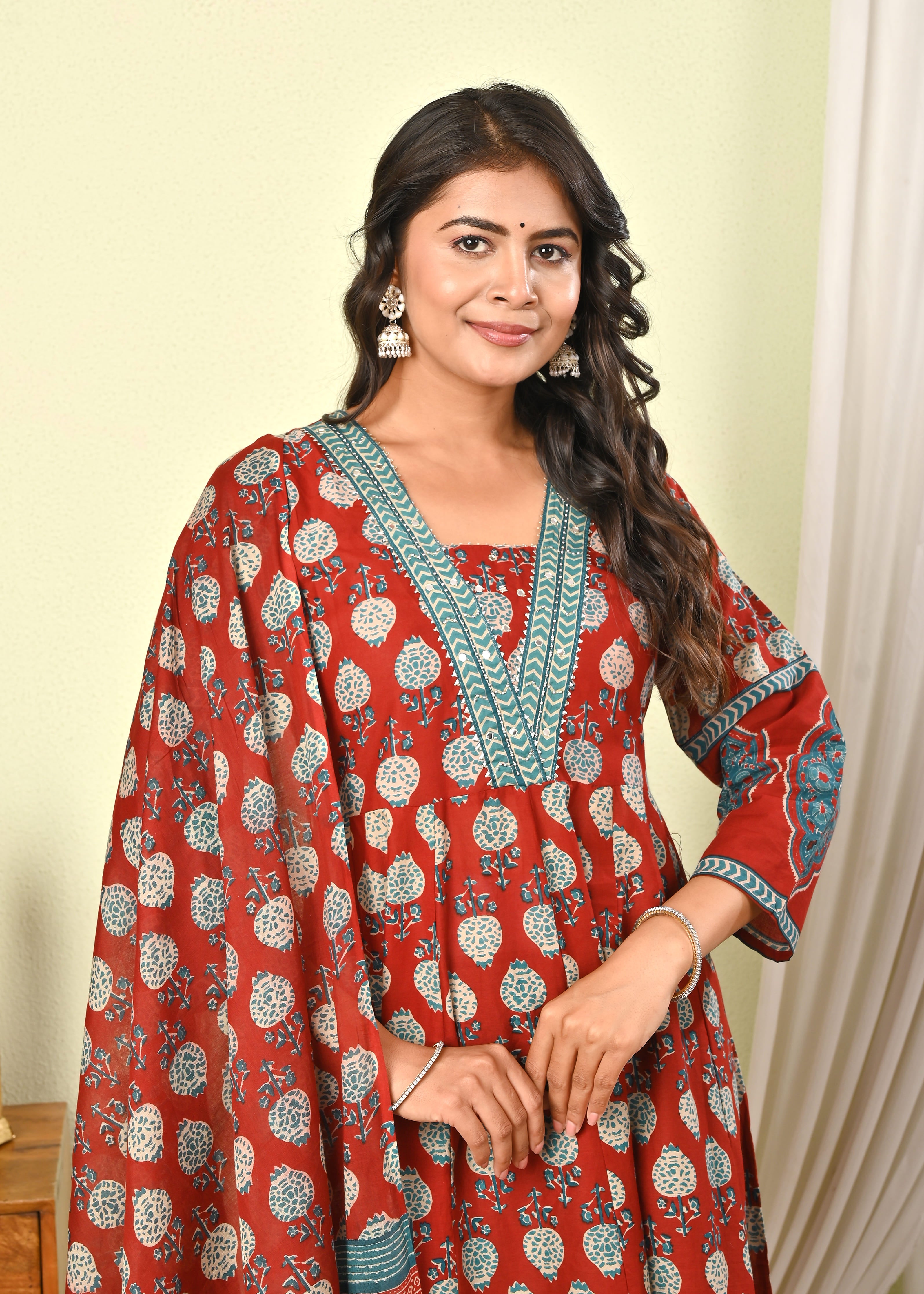 Women’s Red Handblock Printed Cotton Anarkali Kurta with Dupatta & Pants - (1391)