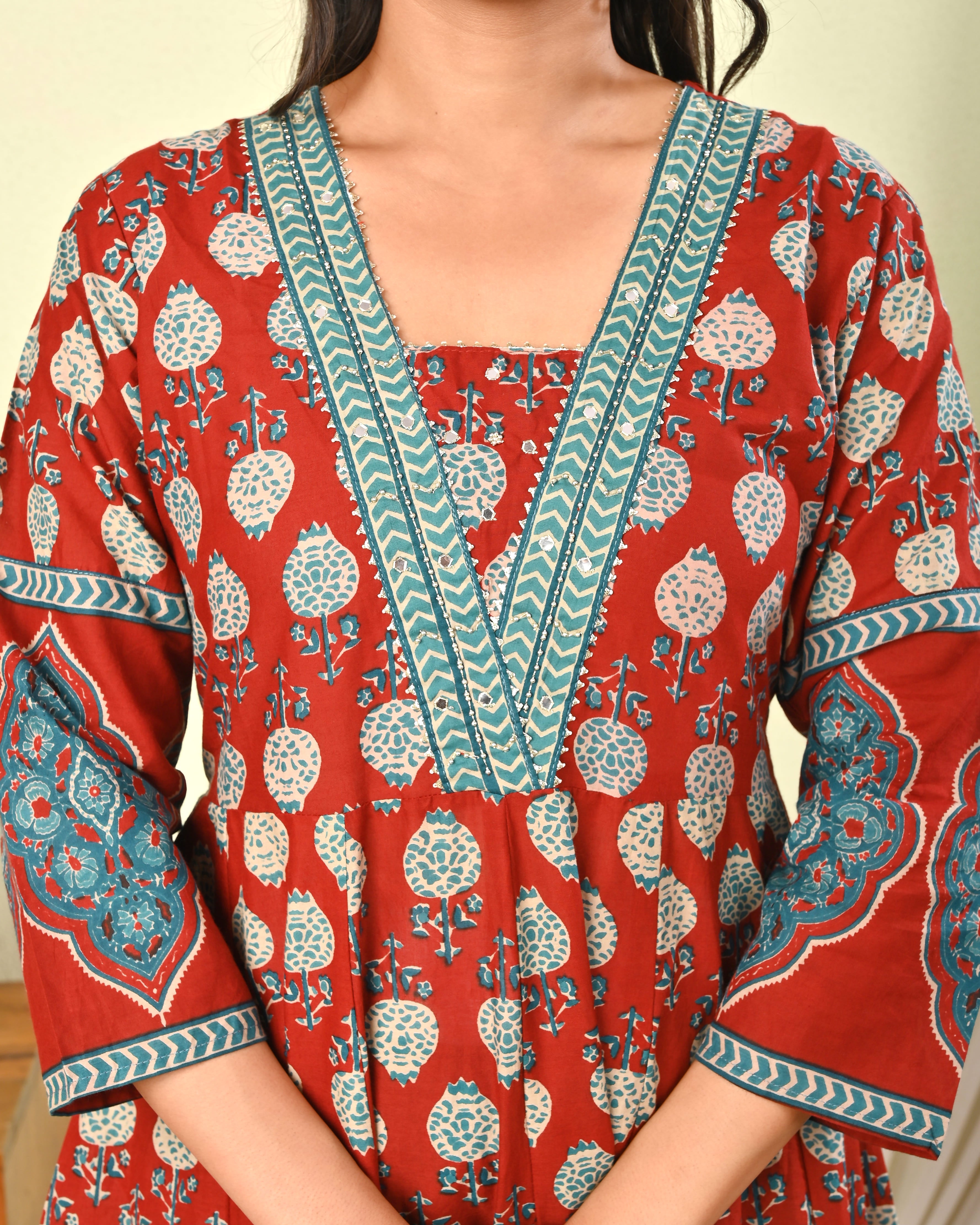 Women’s Red Handblock Printed Cotton Anarkali Kurta with Dupatta & Pants - (1391)