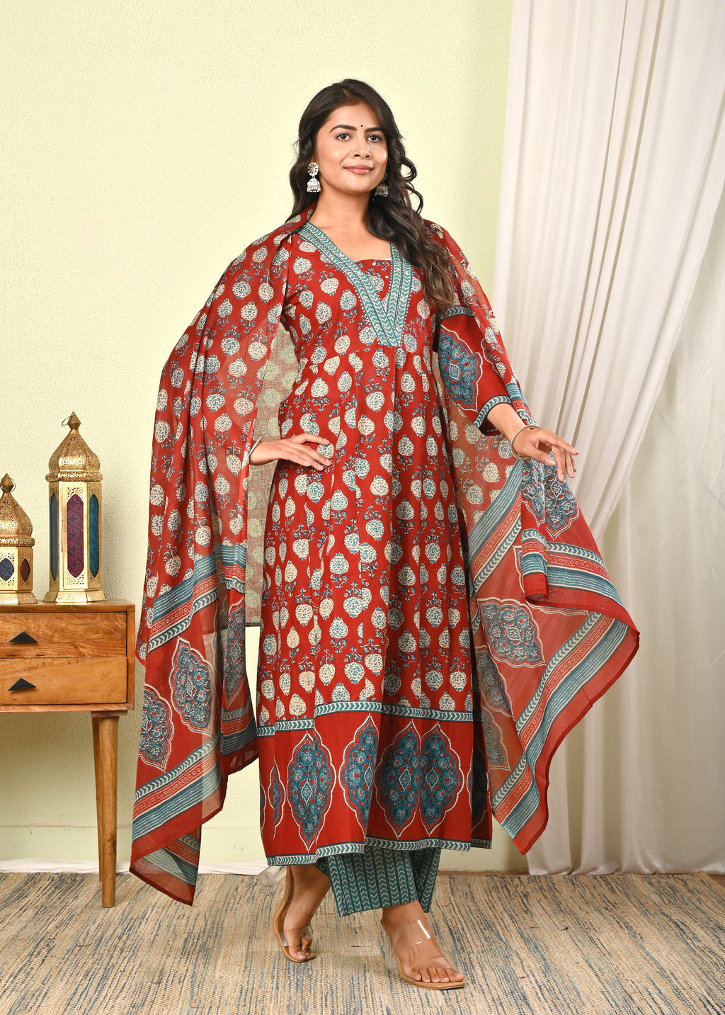 Women’s Red Handblock Printed Cotton Anarkali Kurta with Dupatta & Pants - (1391)