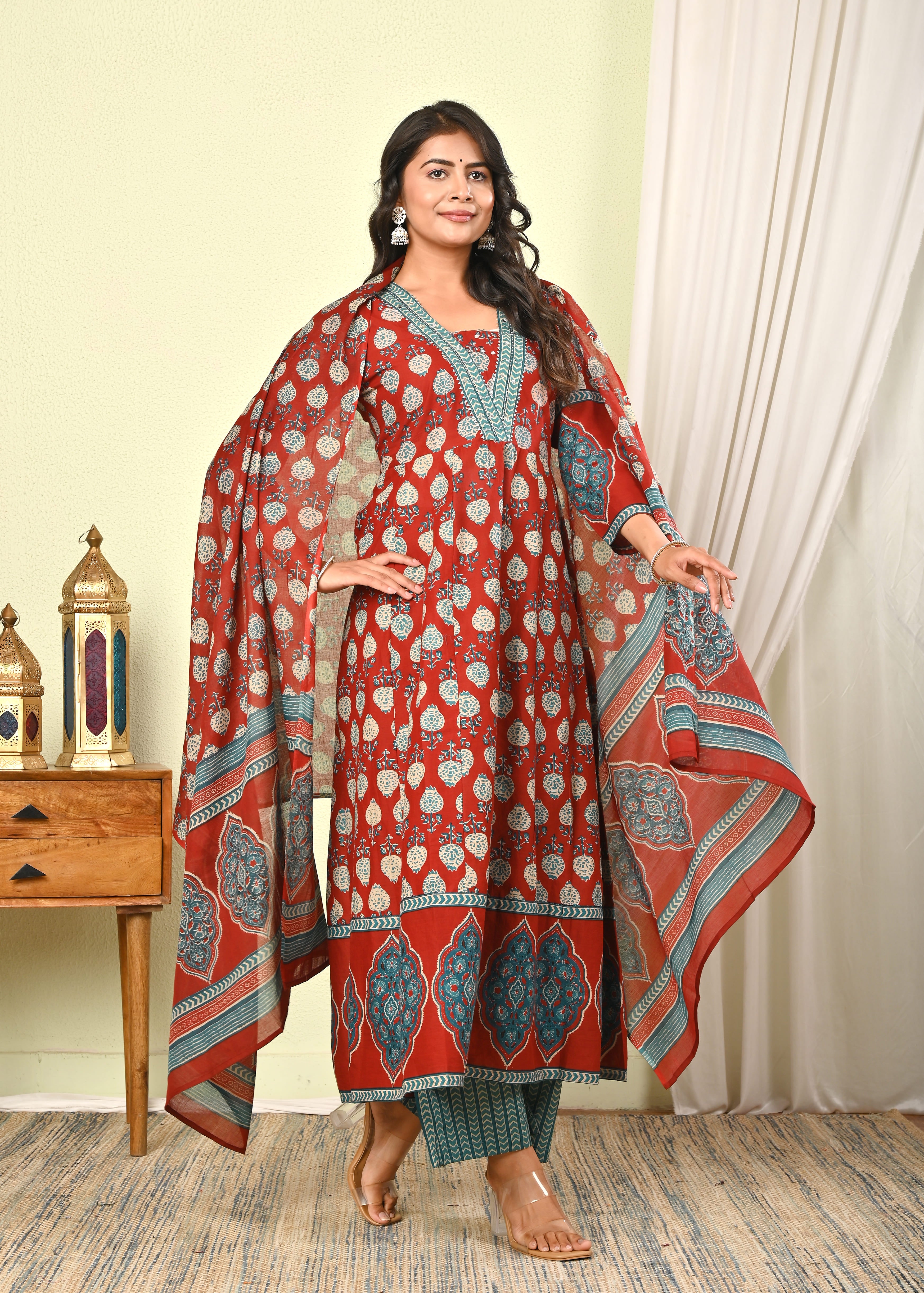 Women’s Red Handblock Printed Cotton Anarkali Kurta with Dupatta & Pants - (1391)