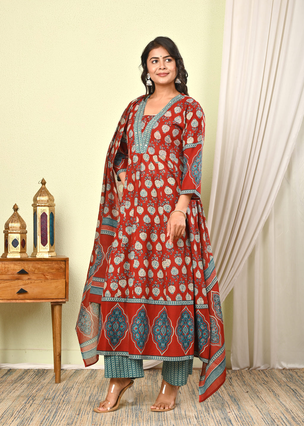 Women’s Red Handblock Printed Cotton Anarkali Kurta with Dupatta & Pants - (1391)
