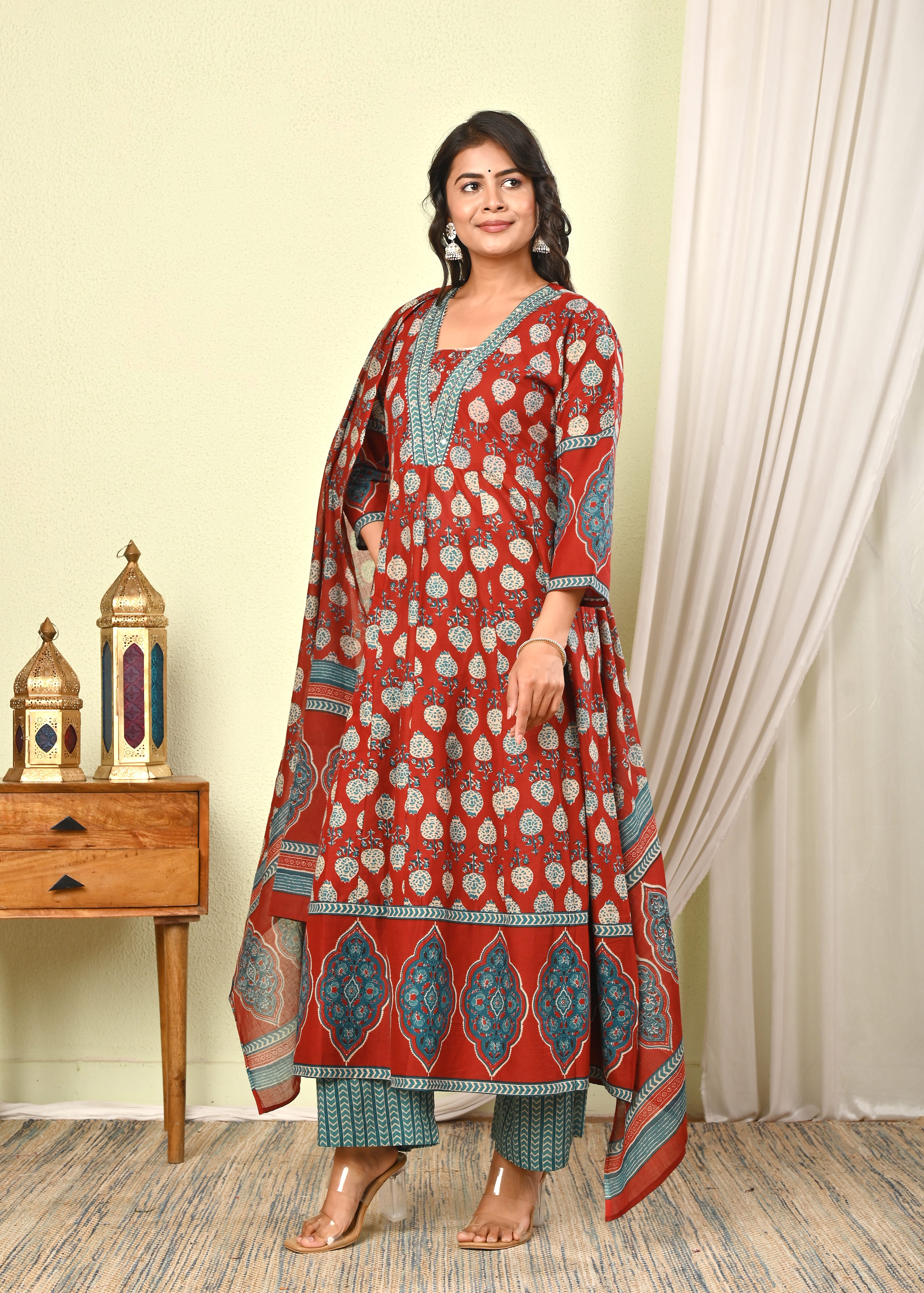 Women’s Red Handblock Printed Cotton Anarkali Kurta with Dupatta & Pants - (1391)