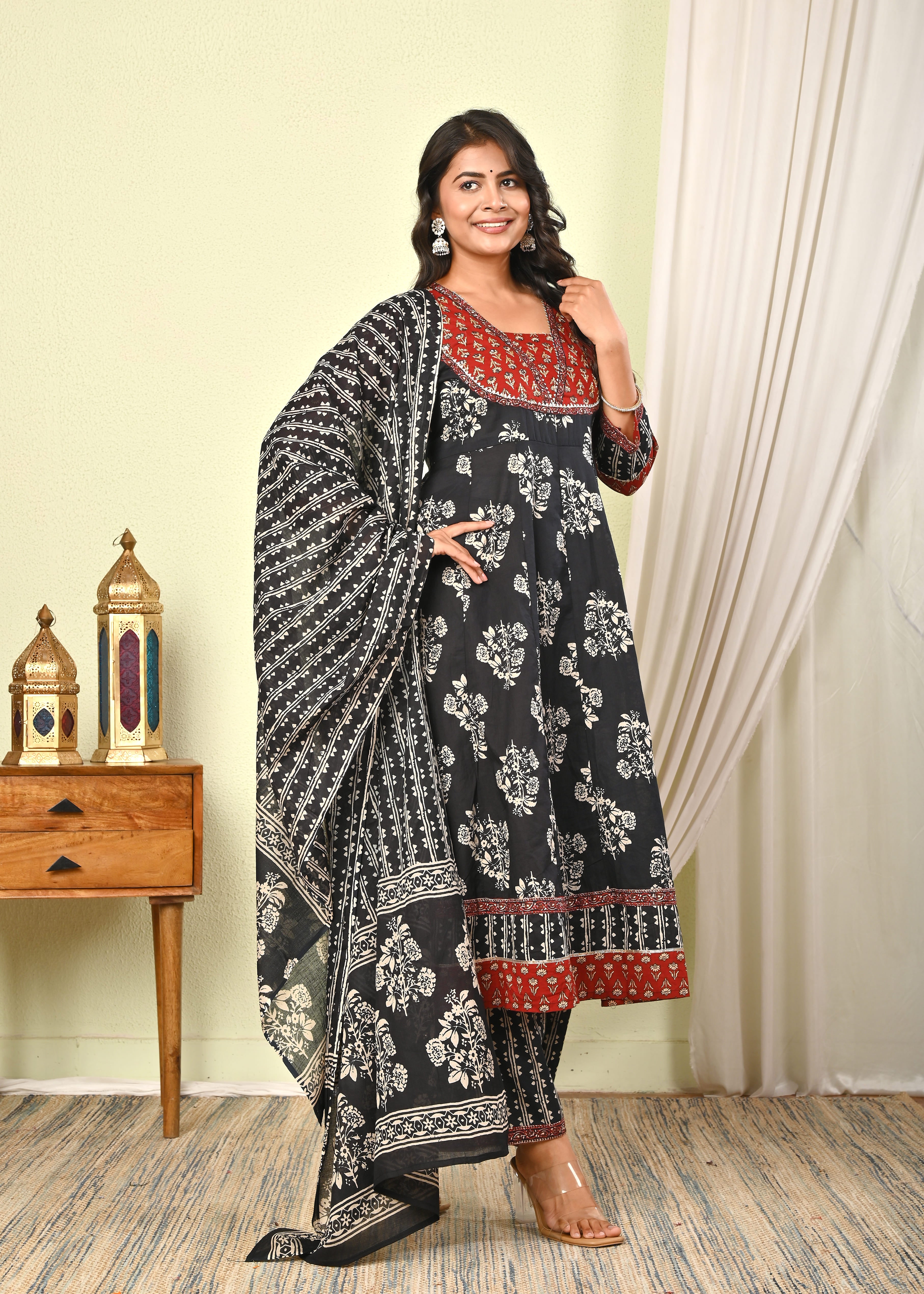 Women’s Black & Red Handblock Printed Cotton Anarkali Kurta with Dupatta & Pants - (1392)