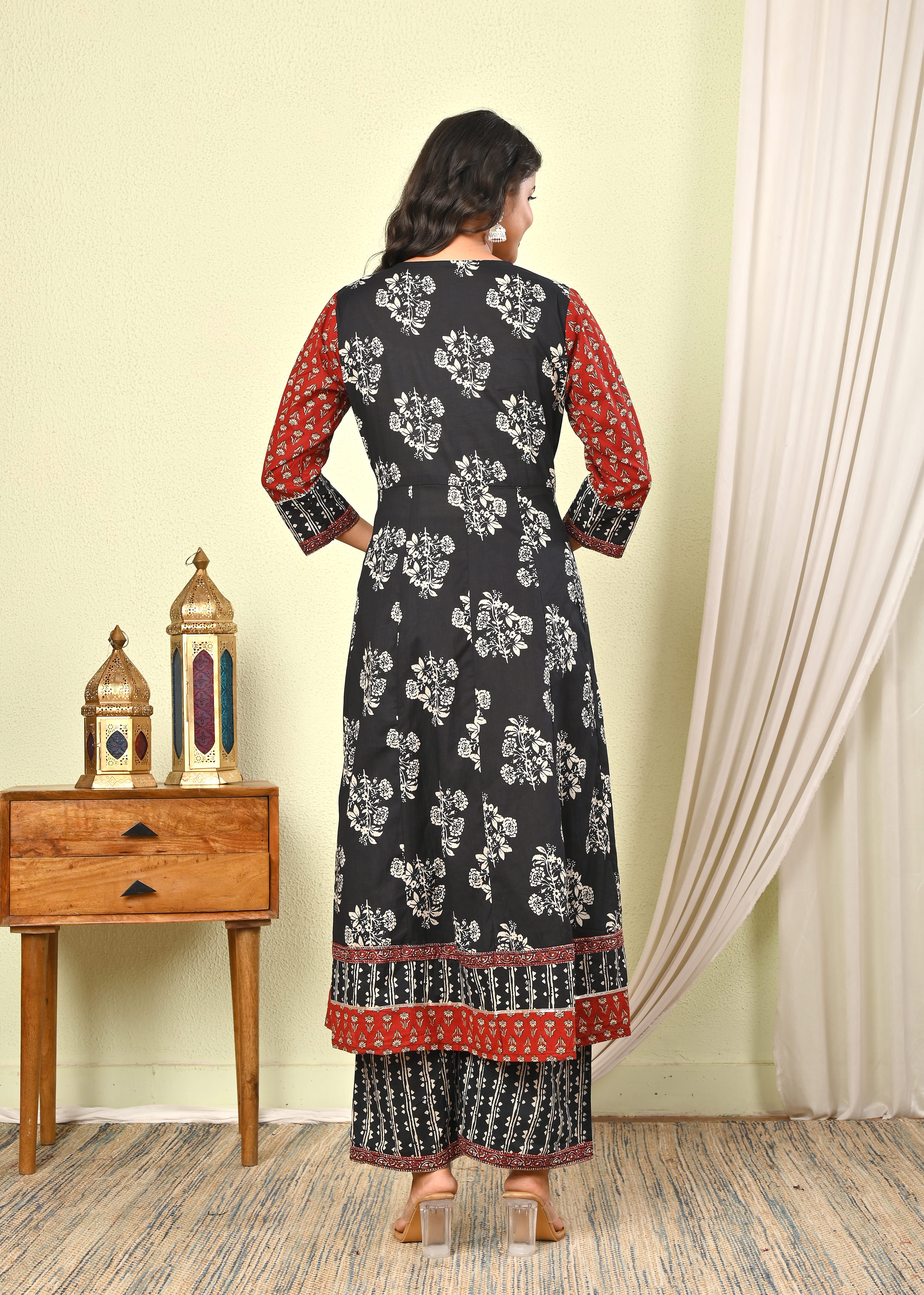 Women’s Black & Red Handblock Printed Cotton Anarkali Kurta with Dupatta & Pants - (1392)