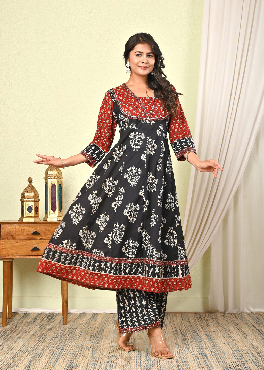 Women’s Black & Red Handblock Printed Cotton Anarkali Kurta with Dupatta & Pants - (1392)