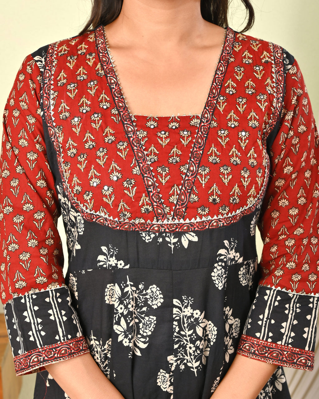 Women’s Black & Red Handblock Printed Cotton Anarkali Kurta with Dupatta & Pants - (1392)