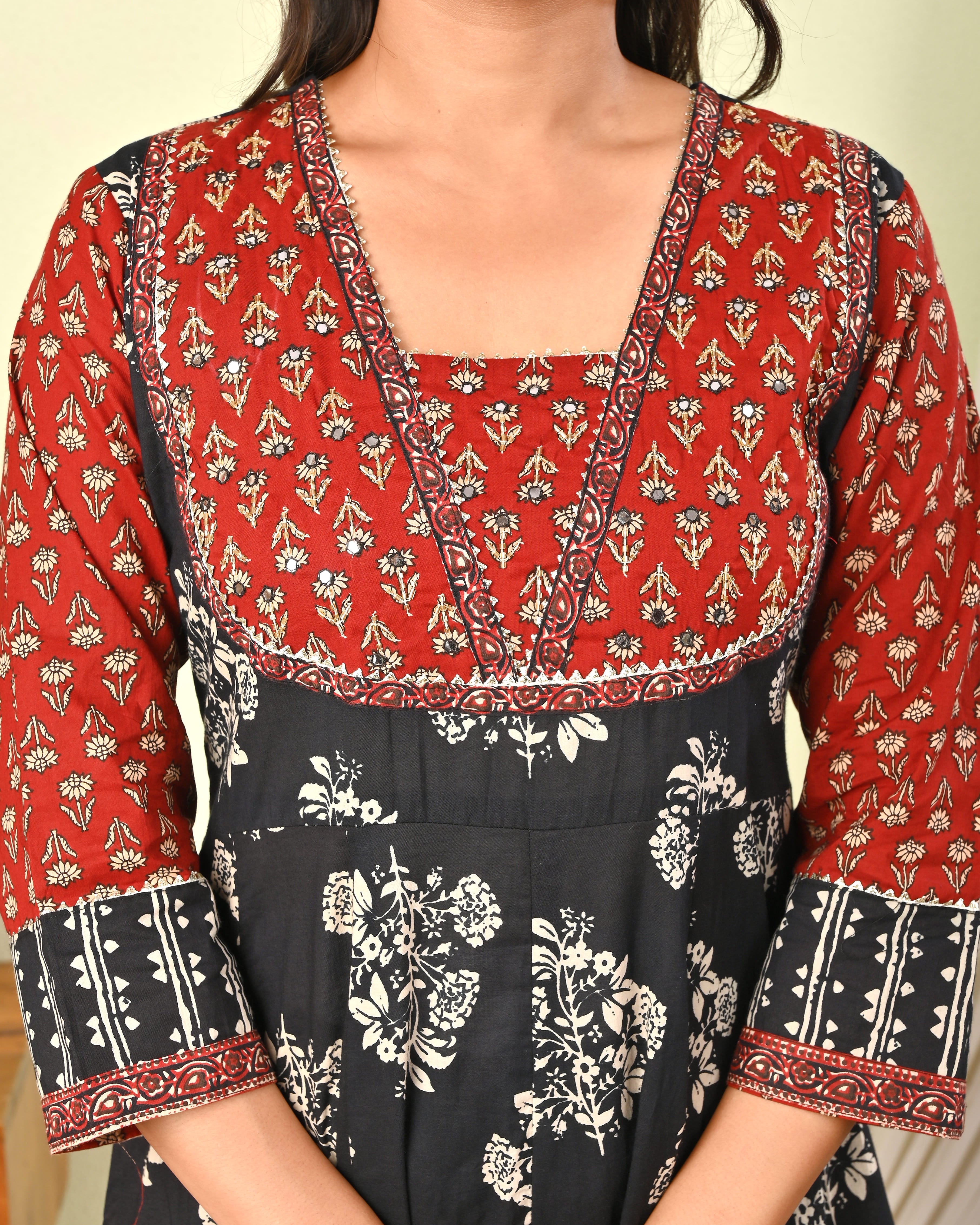 Women’s Black & Red Handblock Printed Cotton Anarkali Kurta with Dupatta & Pants - (1392)