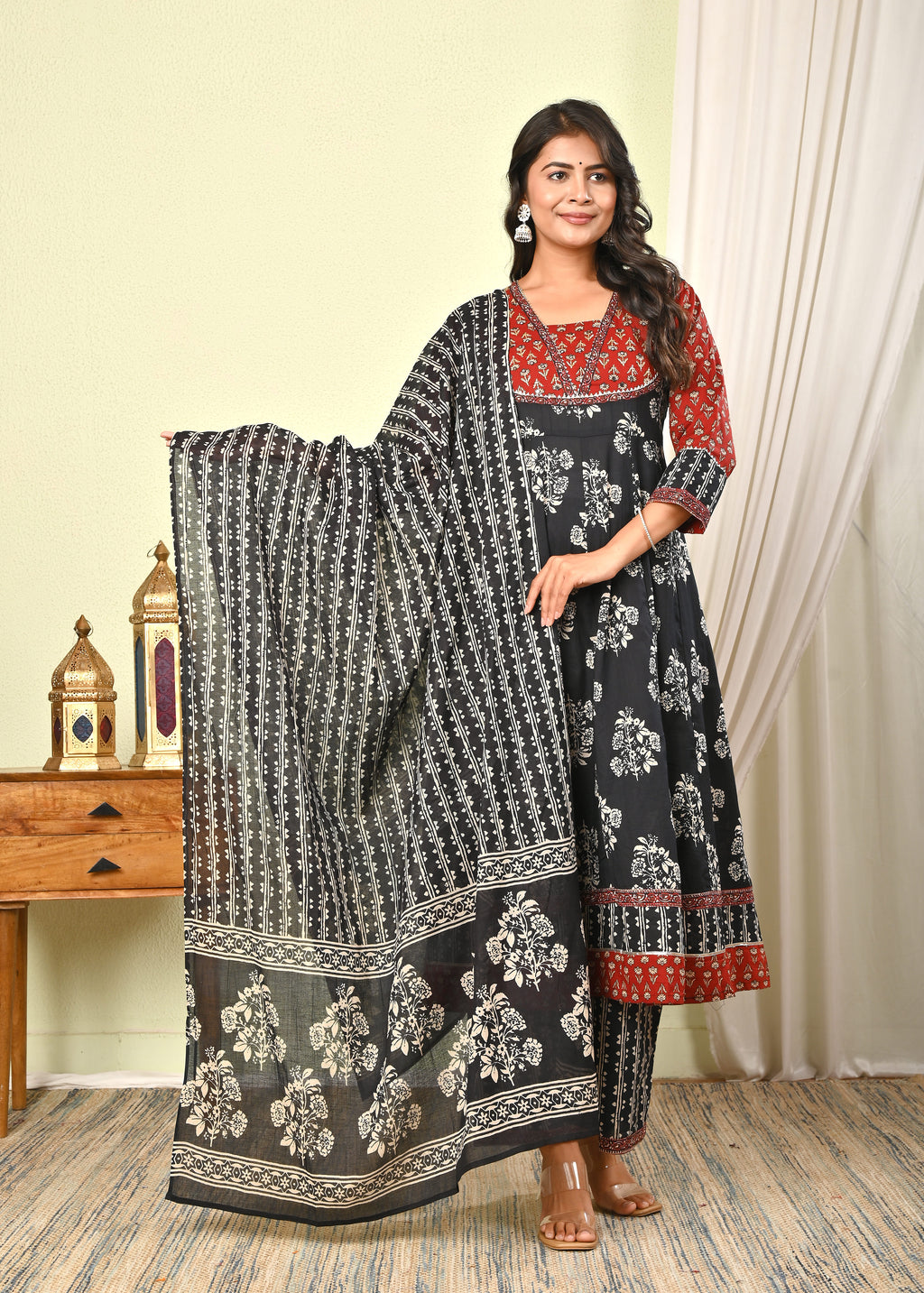 Women’s Black & Red Handblock Printed Cotton Anarkali Kurta with Dupatta & Pants - (1392)