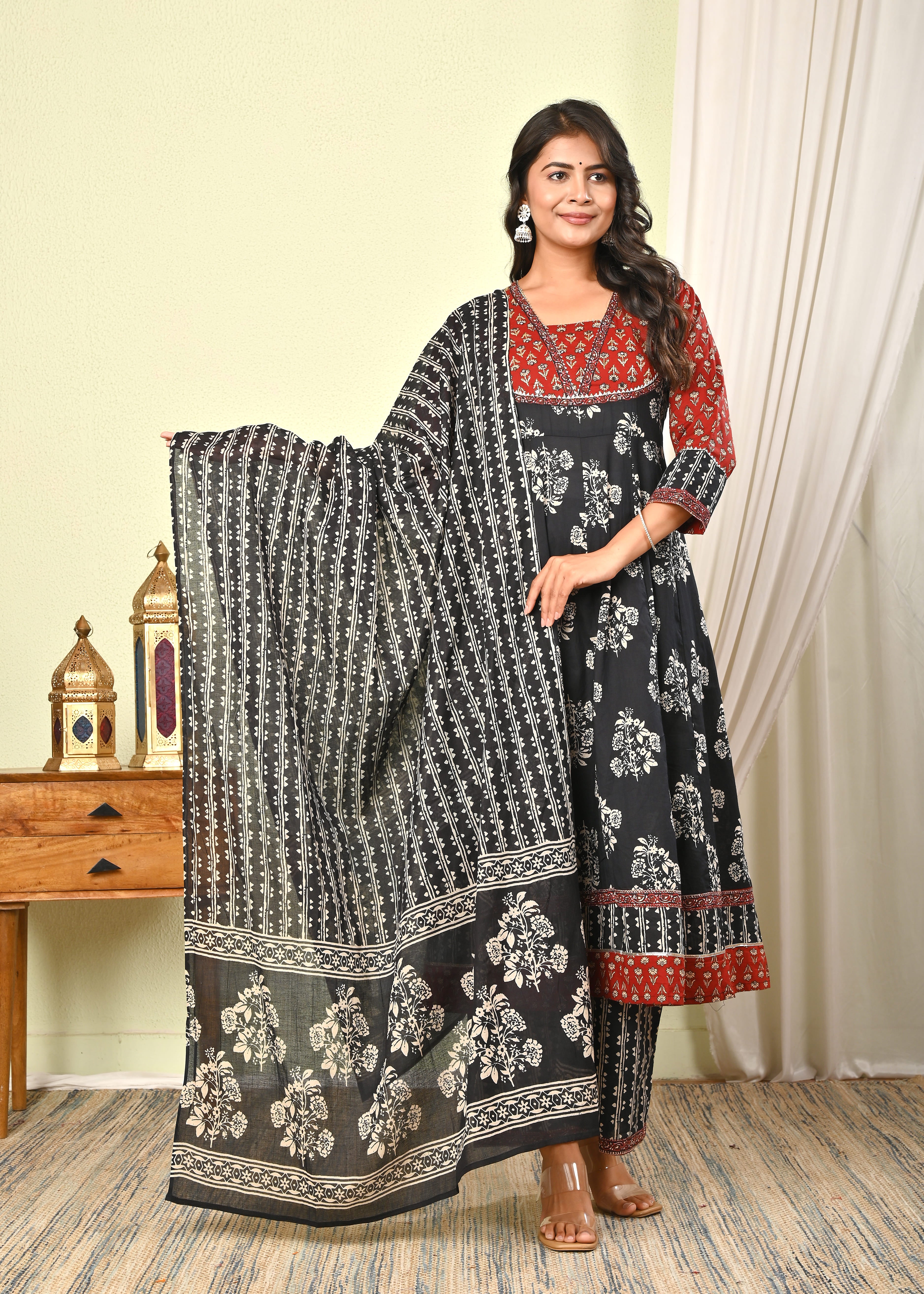 Women’s Black & Red Handblock Printed Cotton Anarkali Kurta with Dupatta & Pants - (1392)