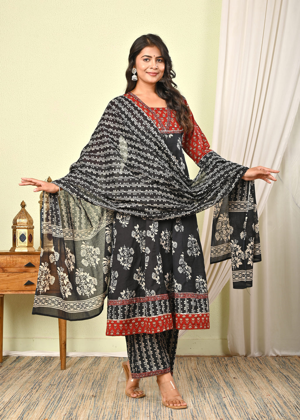 Women’s Black & Red Handblock Printed Cotton Anarkali Kurta with Dupatta & Pants - (1392)