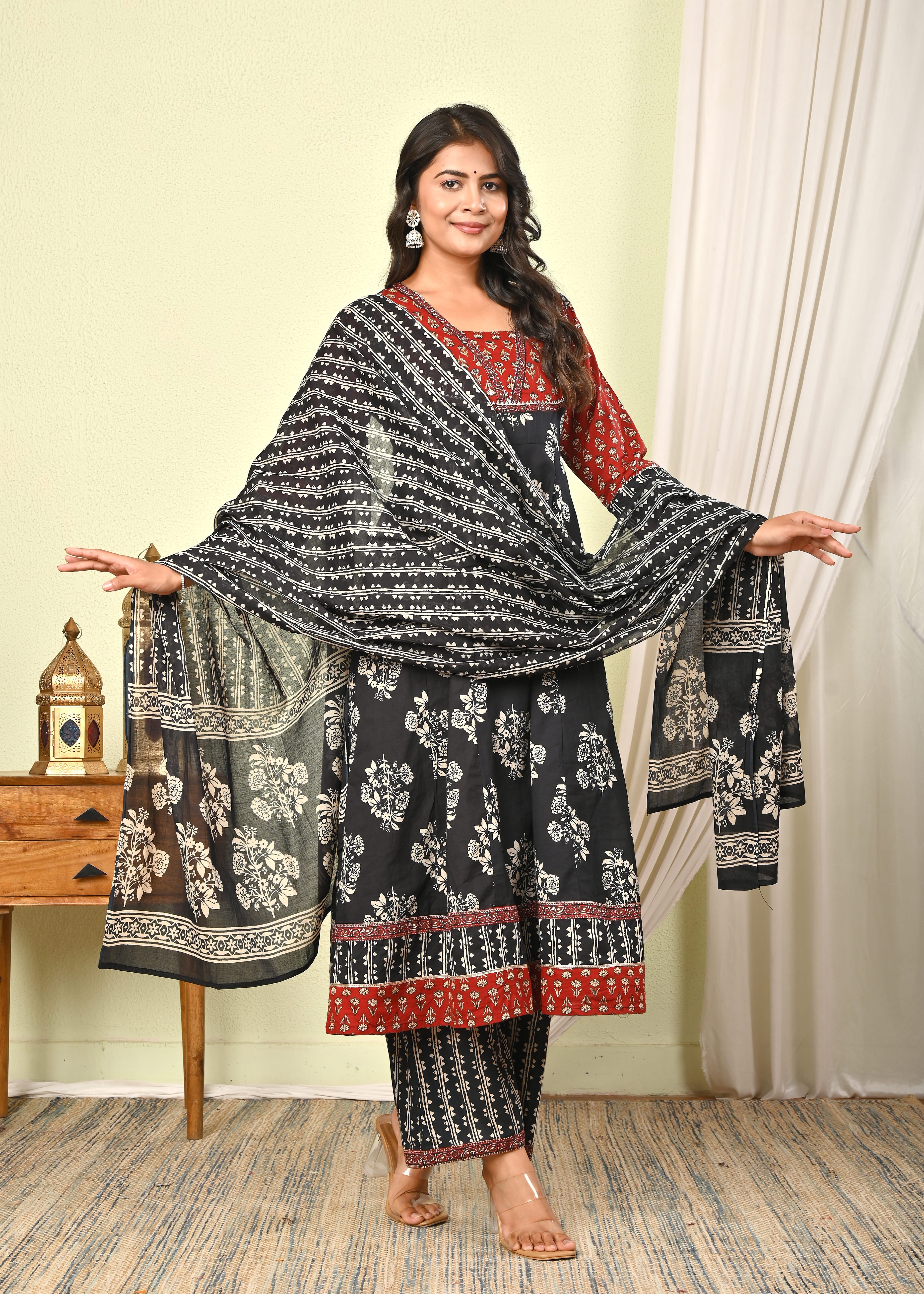 Women’s Black & Red Handblock Printed Cotton Anarkali Kurta with Dupatta & Pants - (1392)