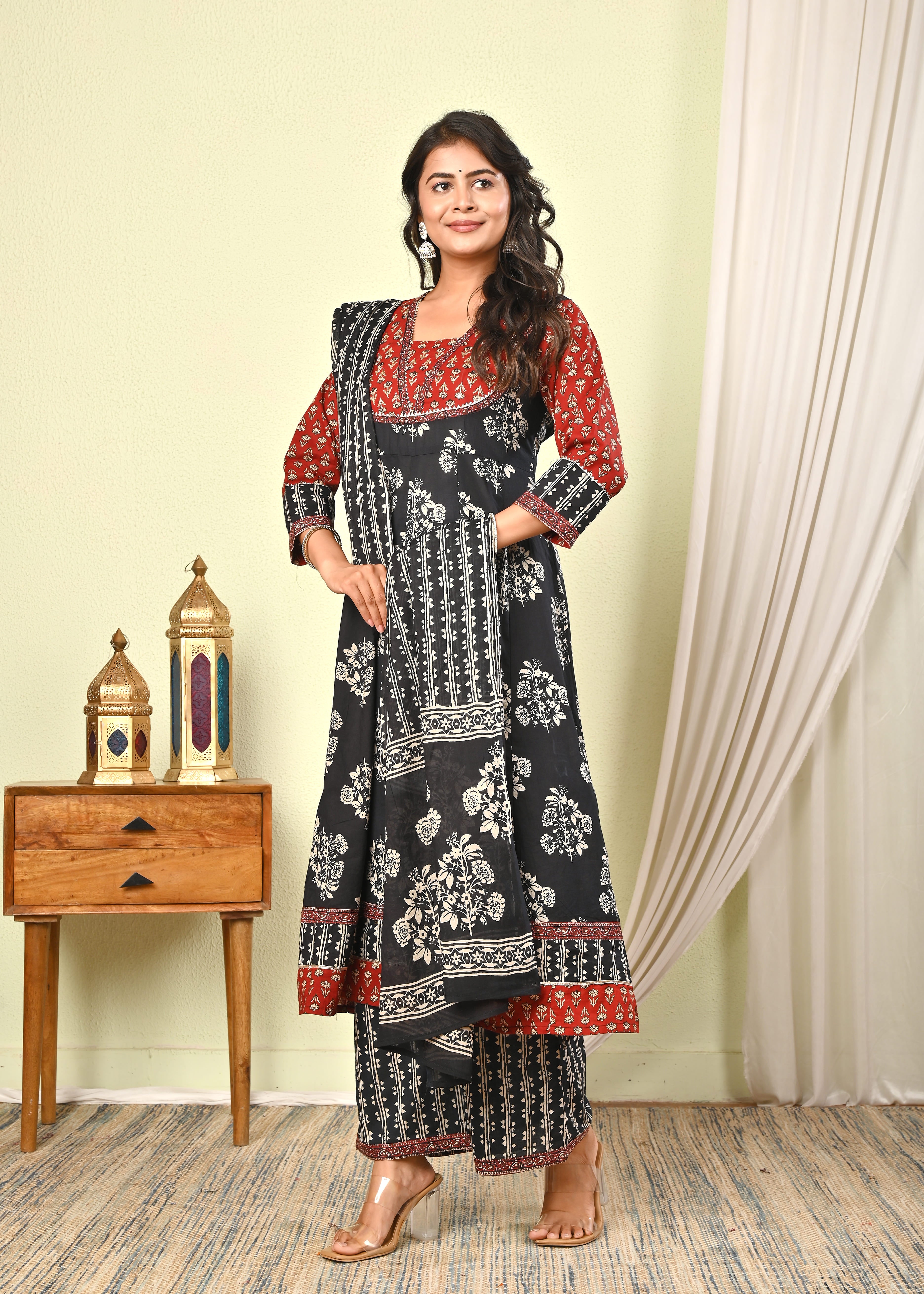 Women’s Black & Red Handblock Printed Cotton Anarkali Kurta with Dupatta & Pants - (1392)