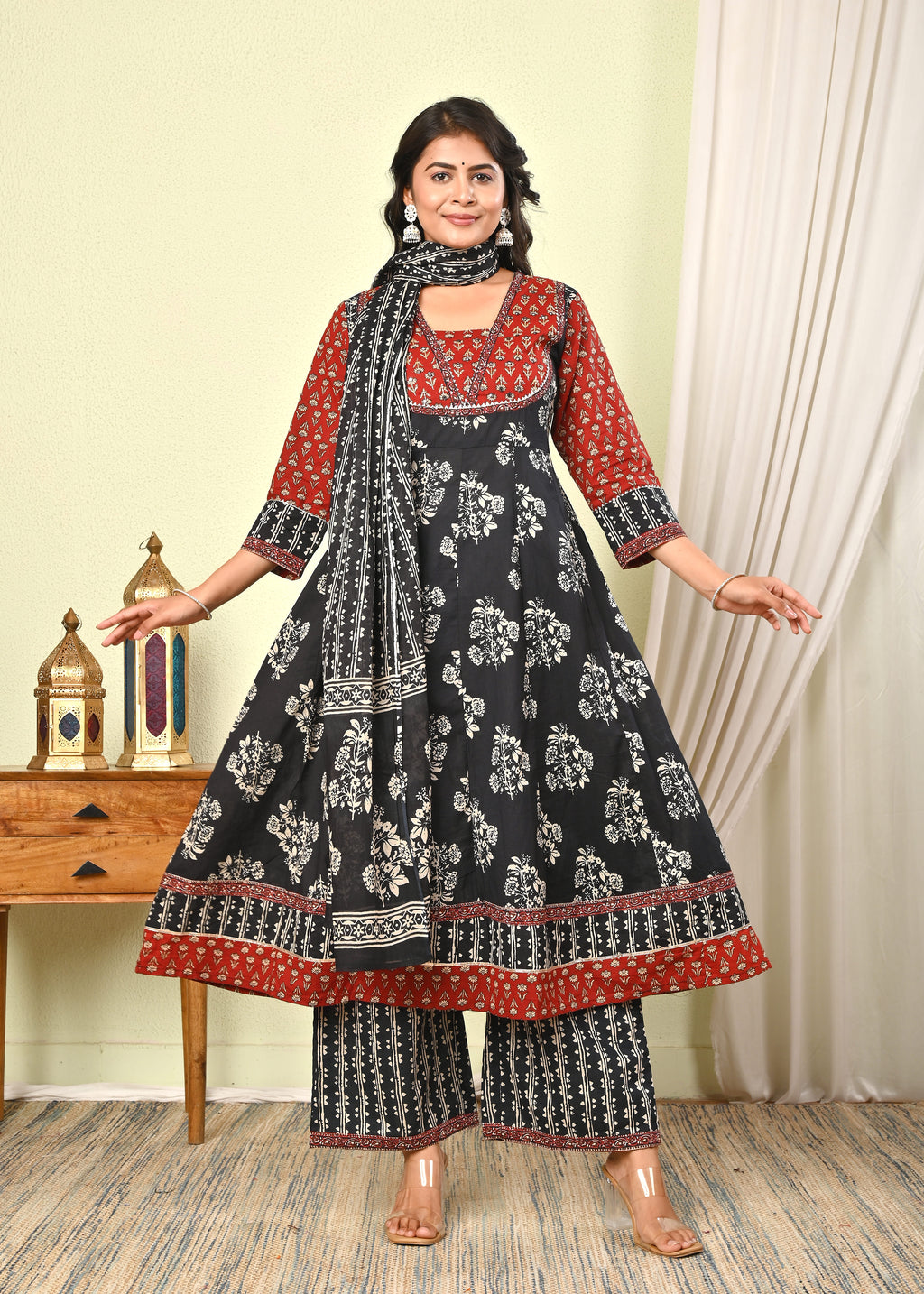 Women’s Black & Red Handblock Printed Cotton Anarkali Kurta with Dupatta & Pants - (1392)
