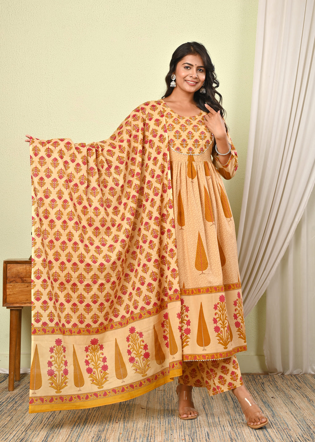 Women's Cotton Printed Anarkali Kurta with Pant & Dupatta Set - (1393)