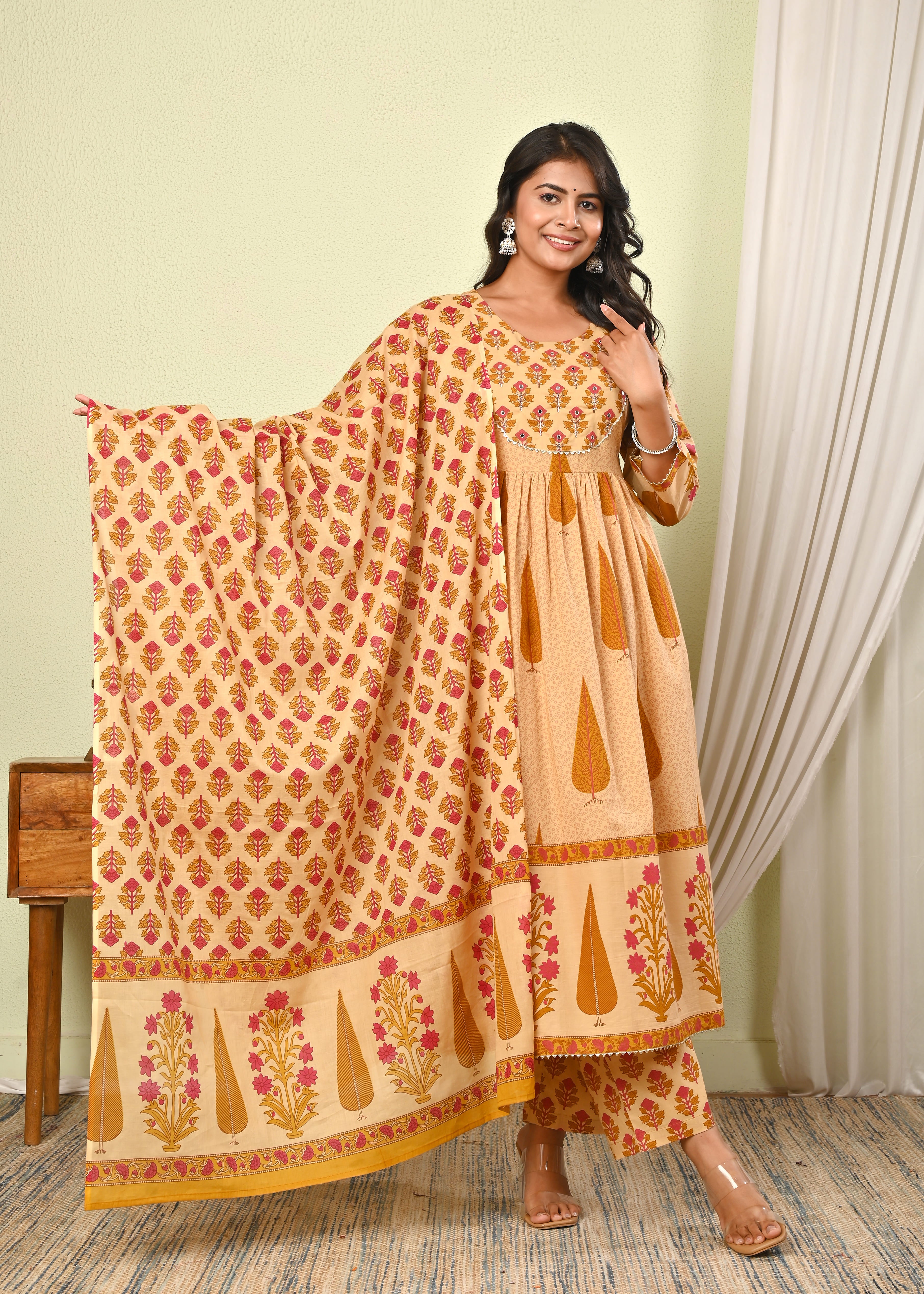 Women's Cotton Printed Anarkali Kurta with Pant & Dupatta Set - (1393)