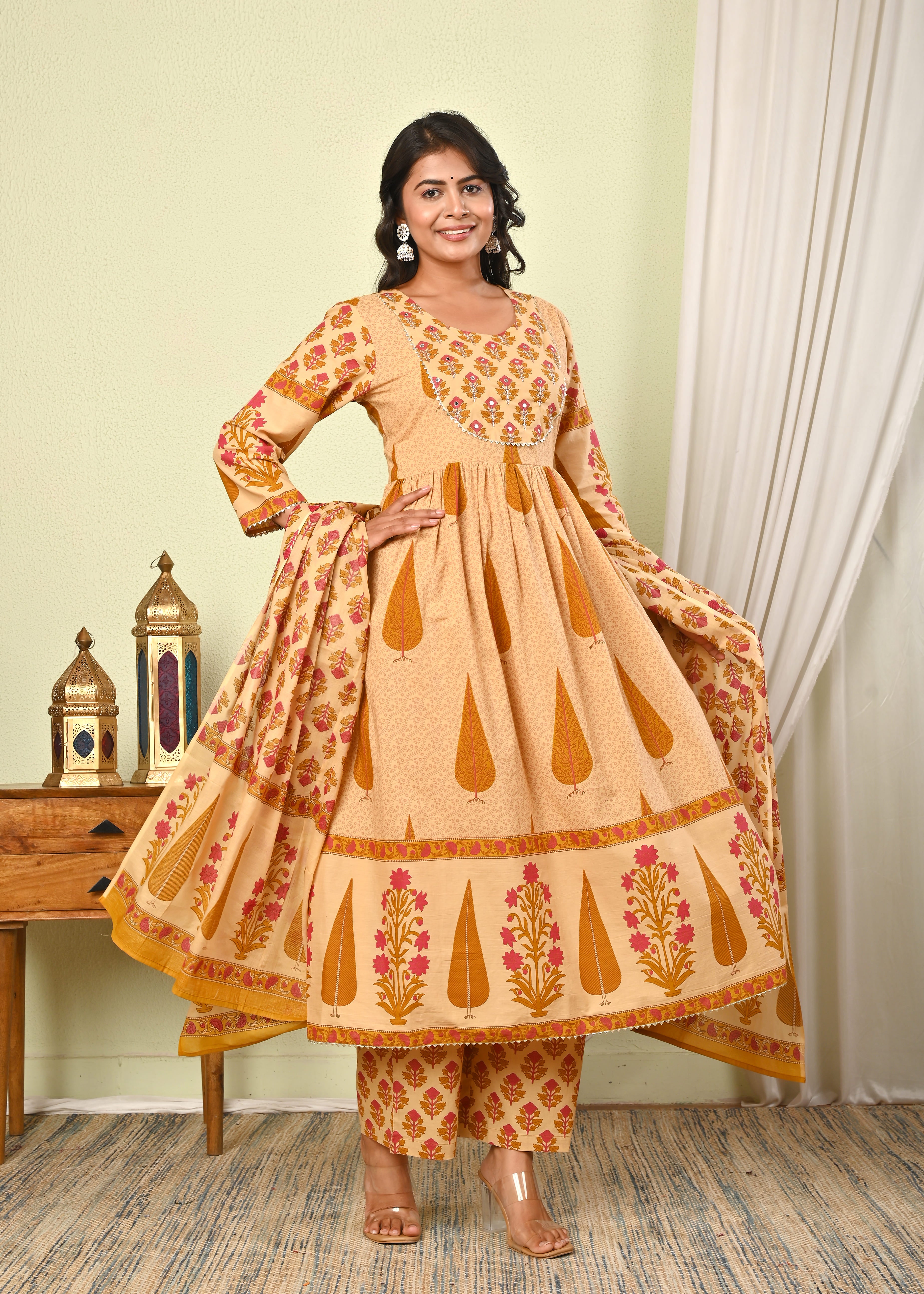 Women's Cotton Printed Anarkali Kurta with Pant & Dupatta Set - (1393)