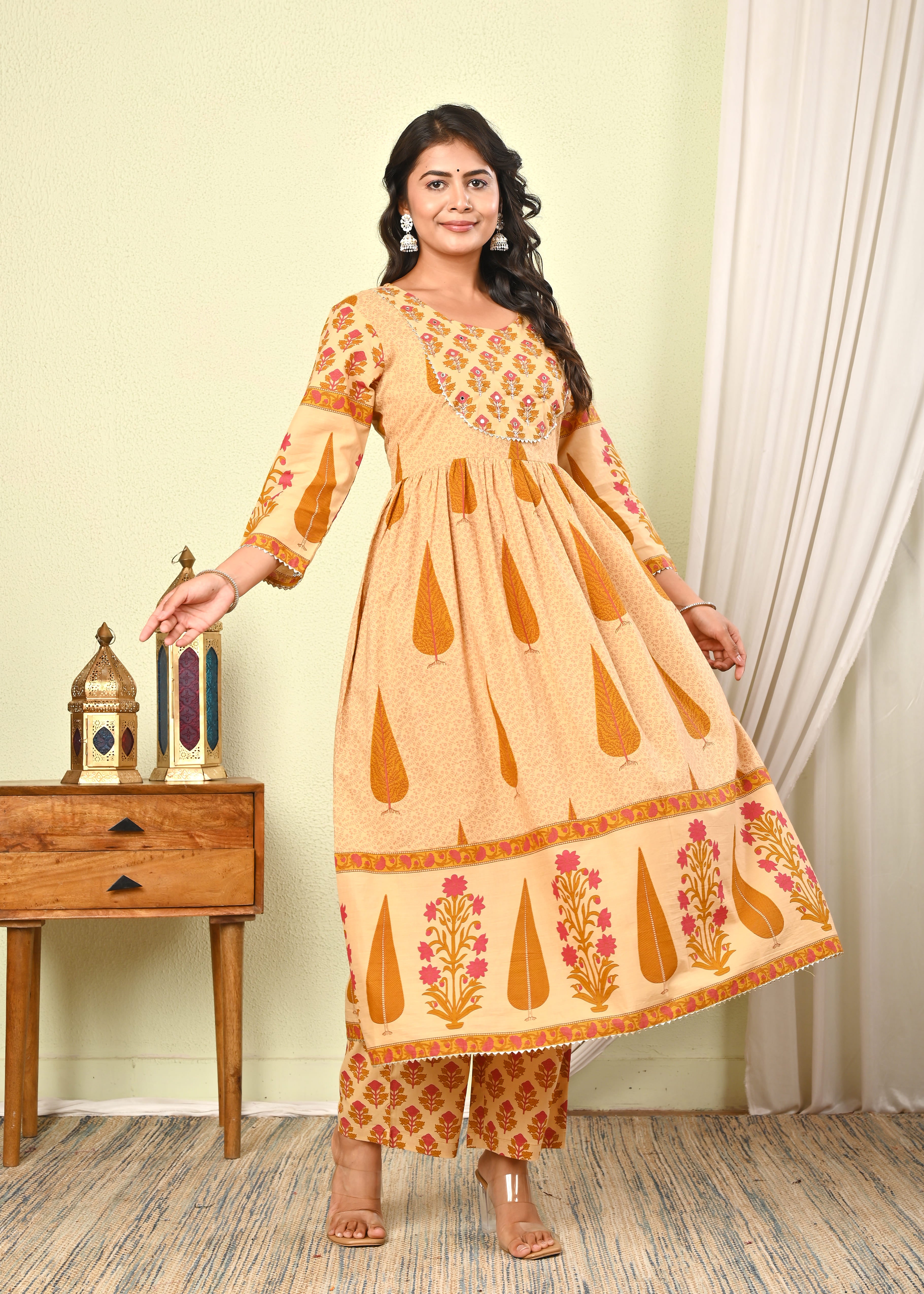 Women's Cotton Printed Anarkali Kurta with Pant & Dupatta Set - (1393)