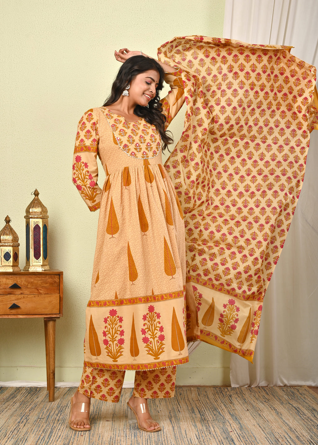 Women's Cotton Printed Anarkali Kurta with Pant & Dupatta Set - (1393)