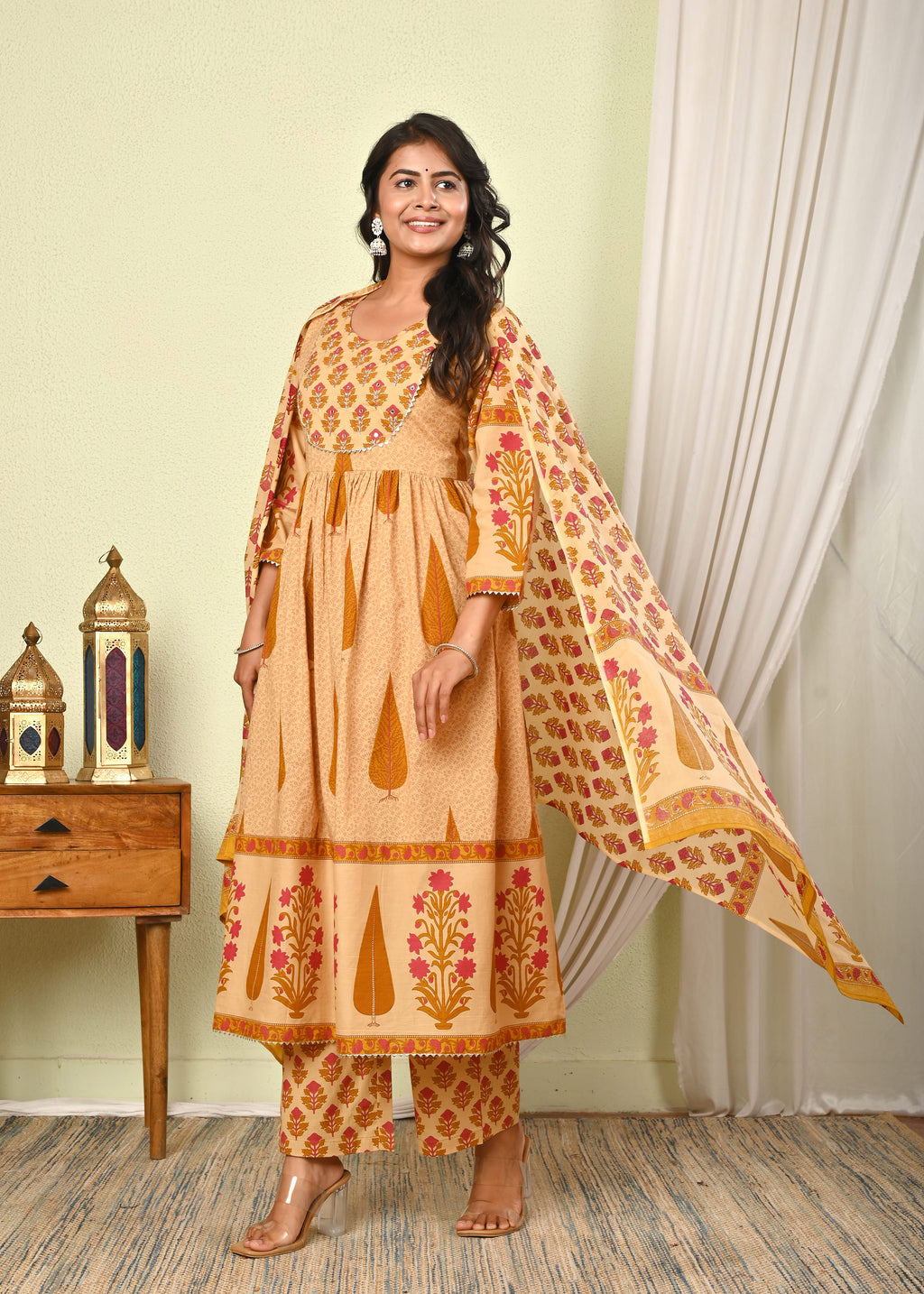 Women's Cotton Printed Anarkali Kurta with Pant & Dupatta Set - (1393)