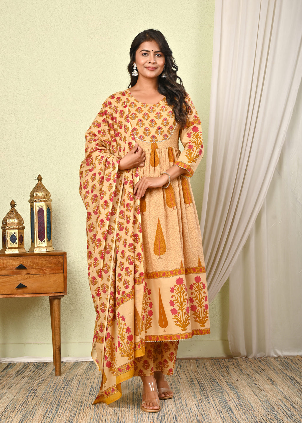 Women's Cotton Printed Anarkali Kurta with Pant & Dupatta Set - (1393)