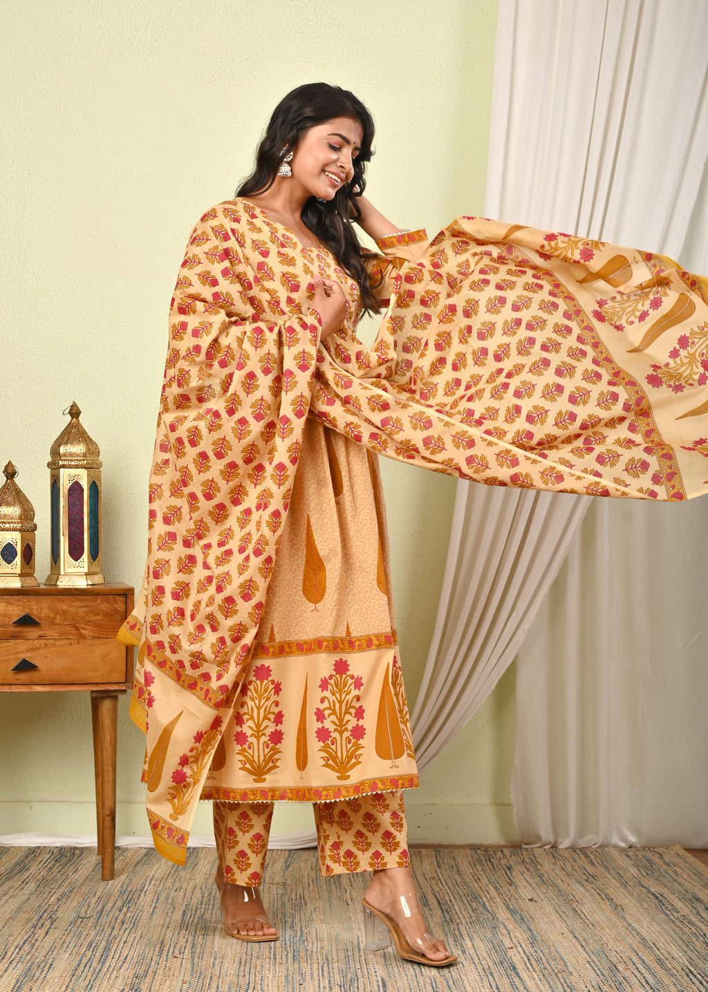 Women's Cotton Printed Anarkali Kurta with Pant & Dupatta Set - (1393)