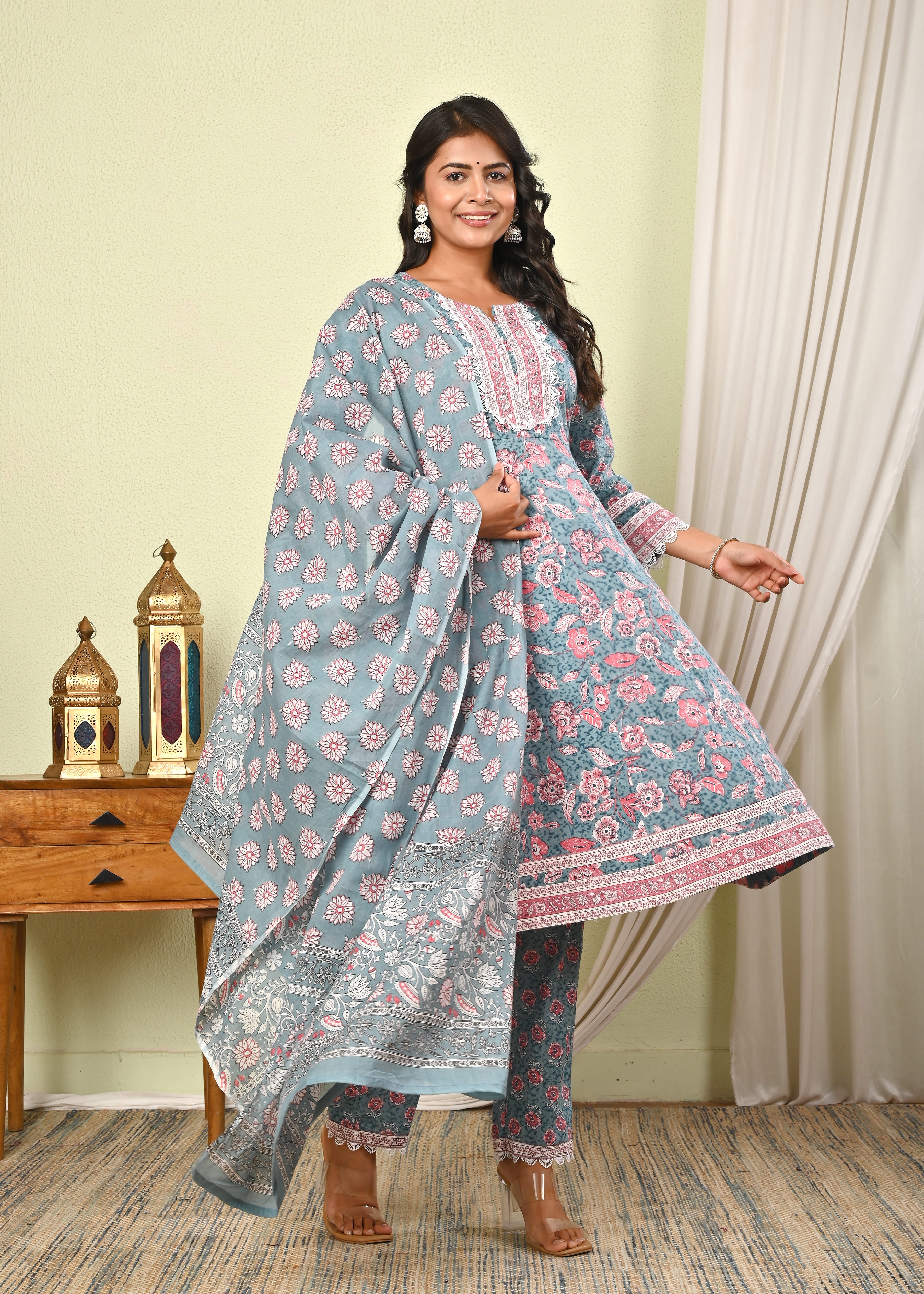 Women’s Cotton Printed Anarkali Kurta with Pant & Dupatta Set - (1404)