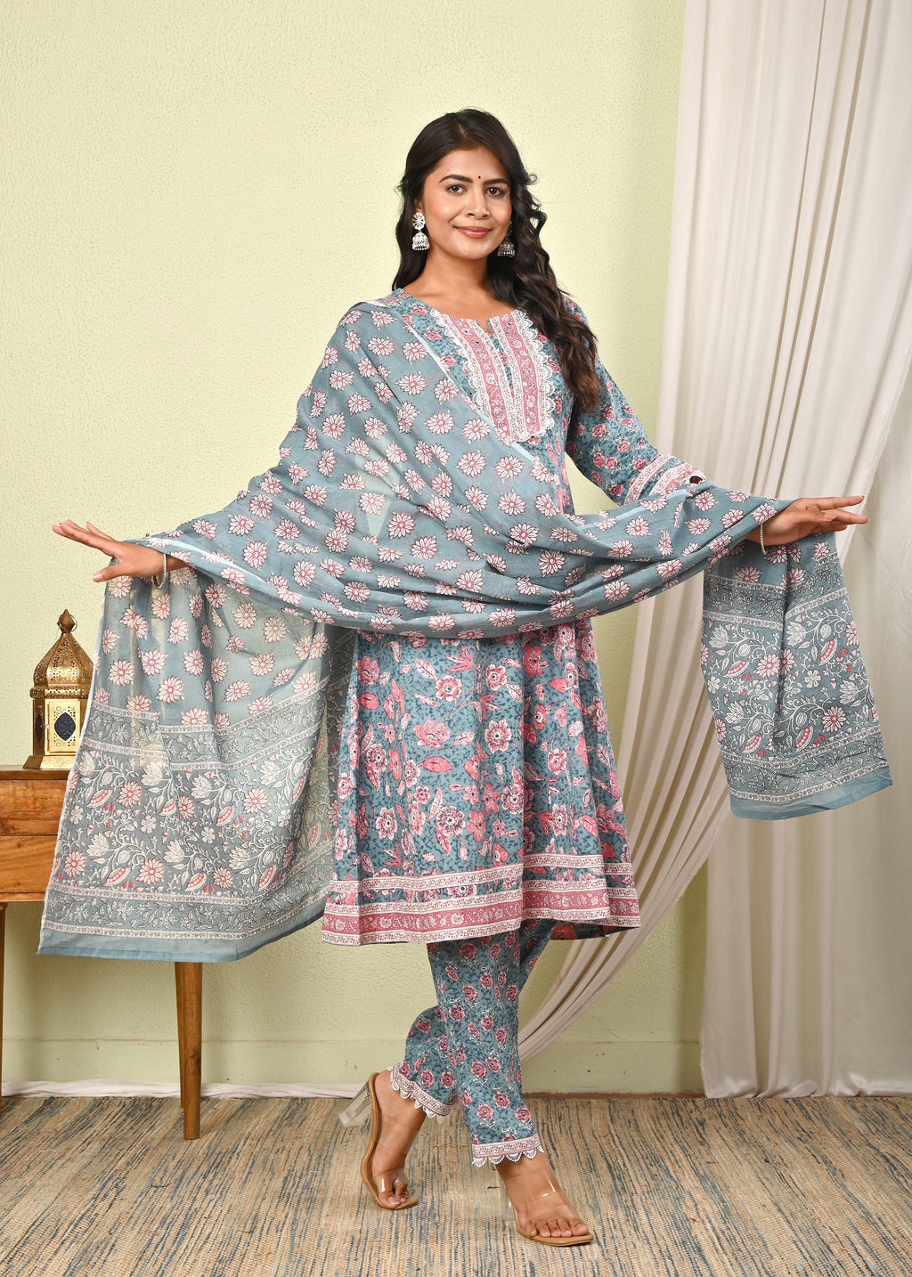 Women’s Cotton Printed Anarkali Kurta with Pant & Dupatta Set - (1404)