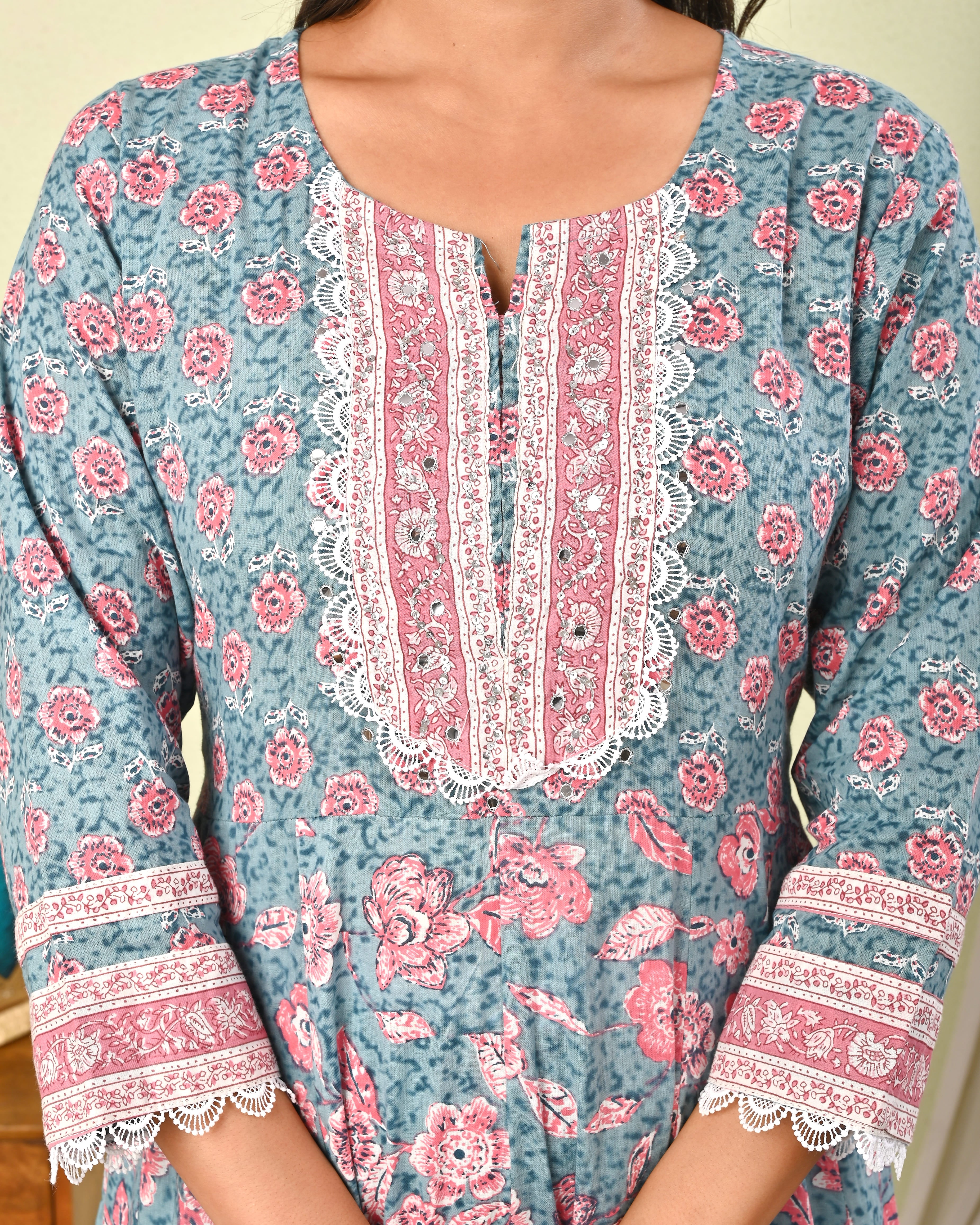 Women’s Cotton Printed Anarkali Kurta with Pant & Dupatta Set - (1404)