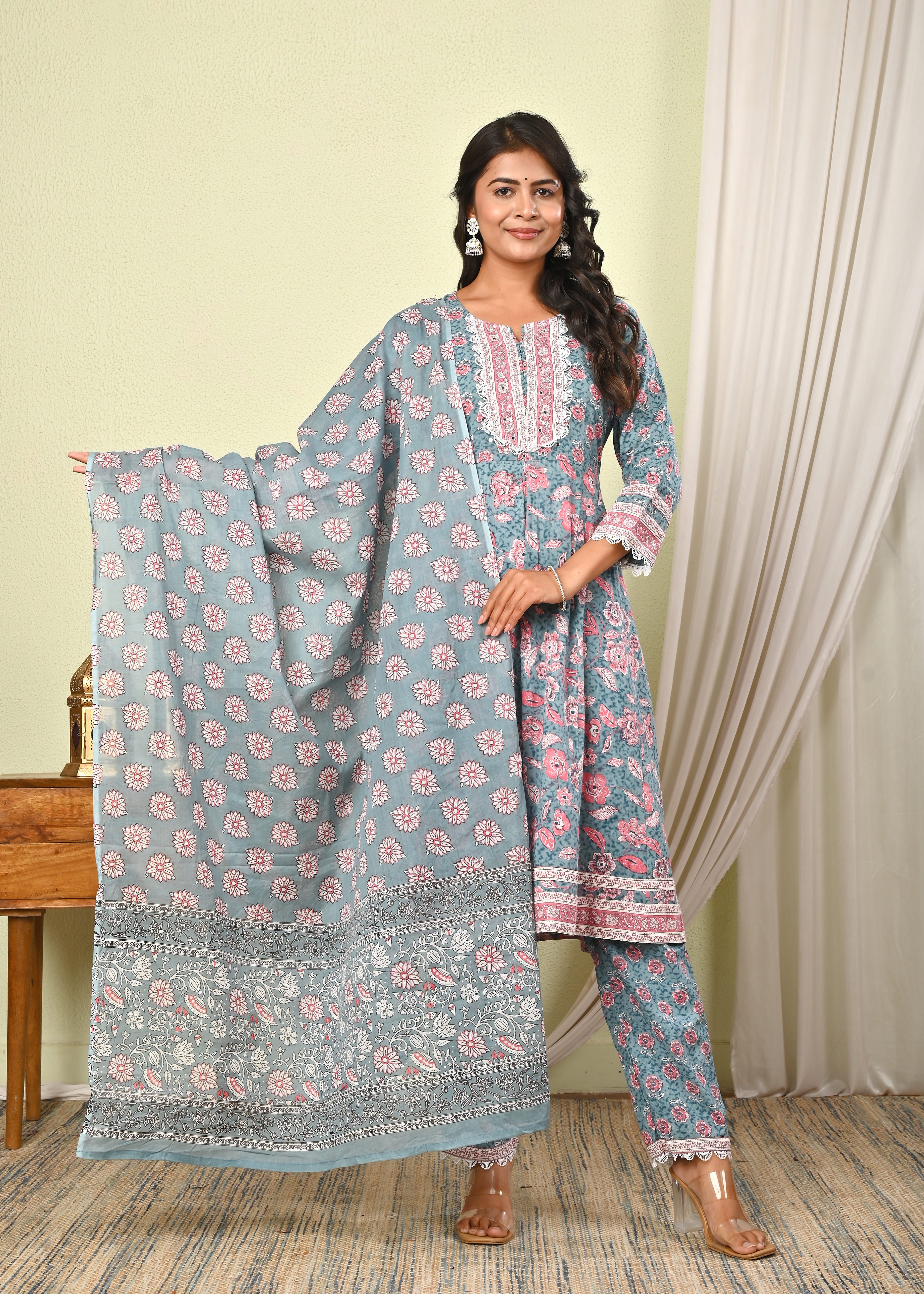 Women’s Cotton Printed Anarkali Kurta with Pant & Dupatta Set - (1404)