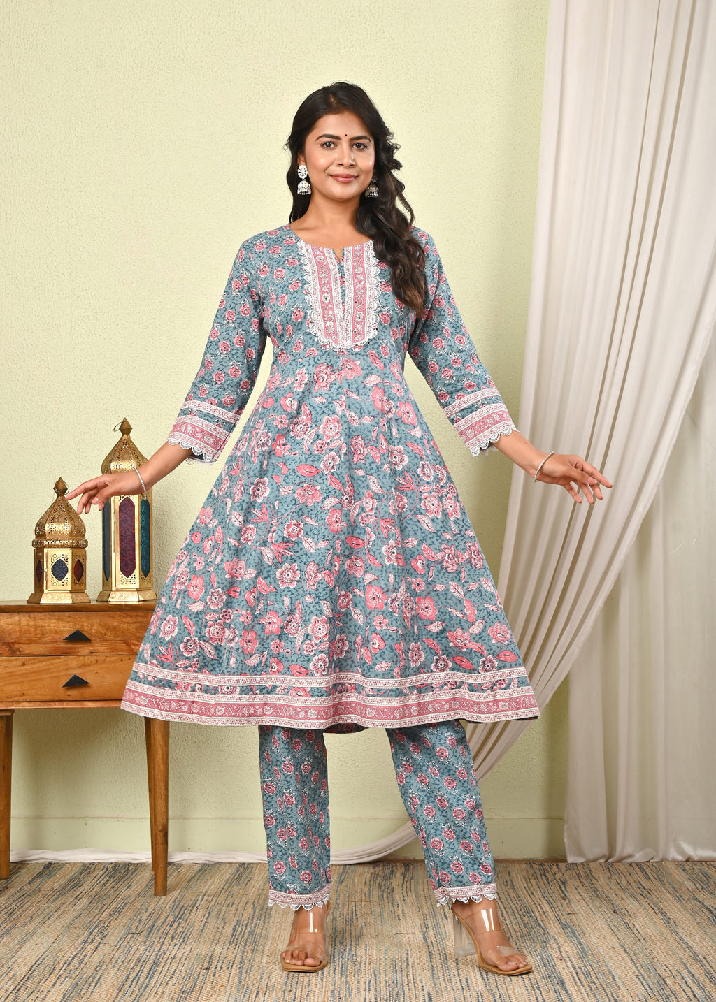 Women’s Cotton Printed Anarkali Kurta with Pant & Dupatta Set - (1404)