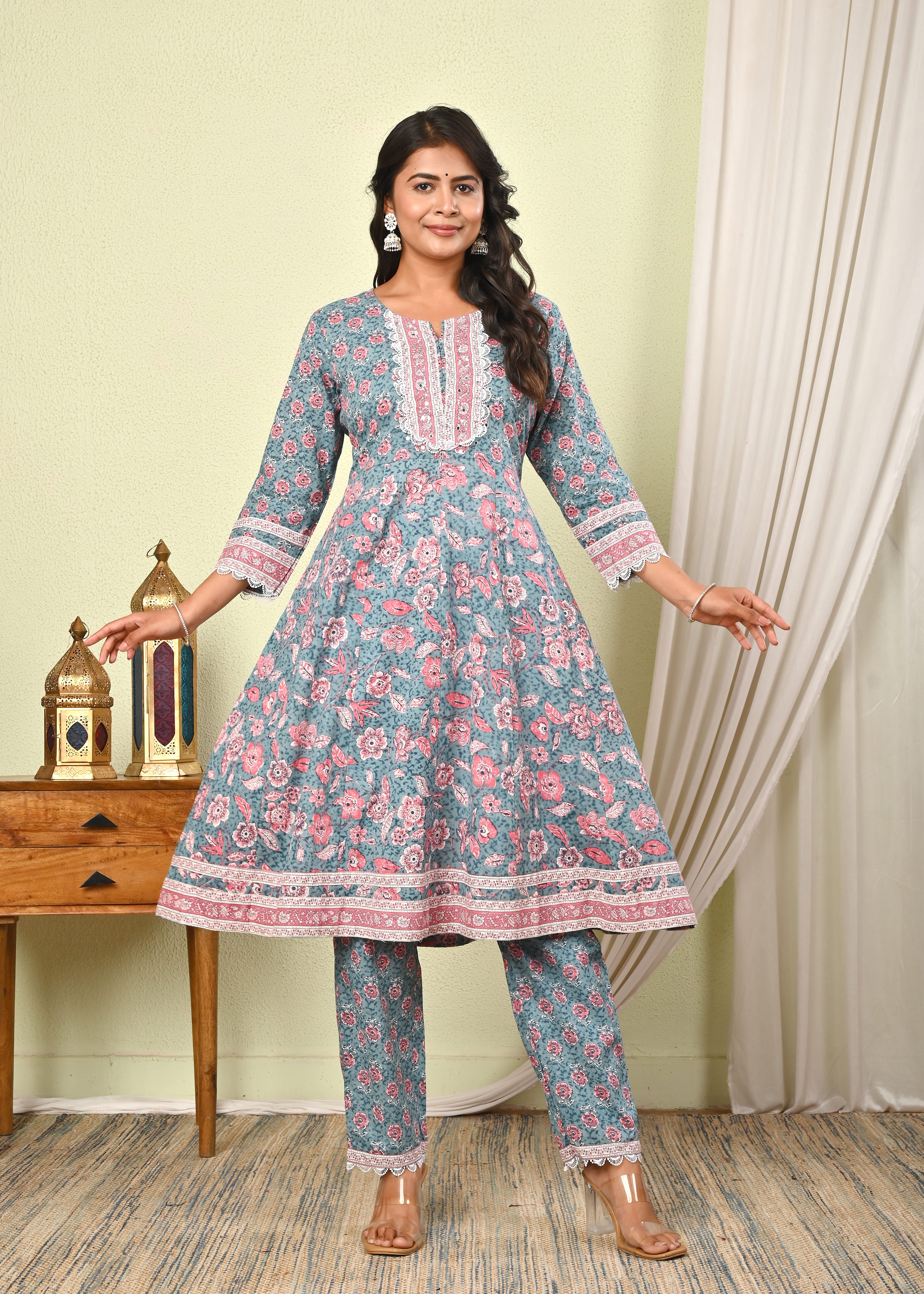 Women’s Cotton Printed Anarkali Kurta with Pant & Dupatta Set - (1404)