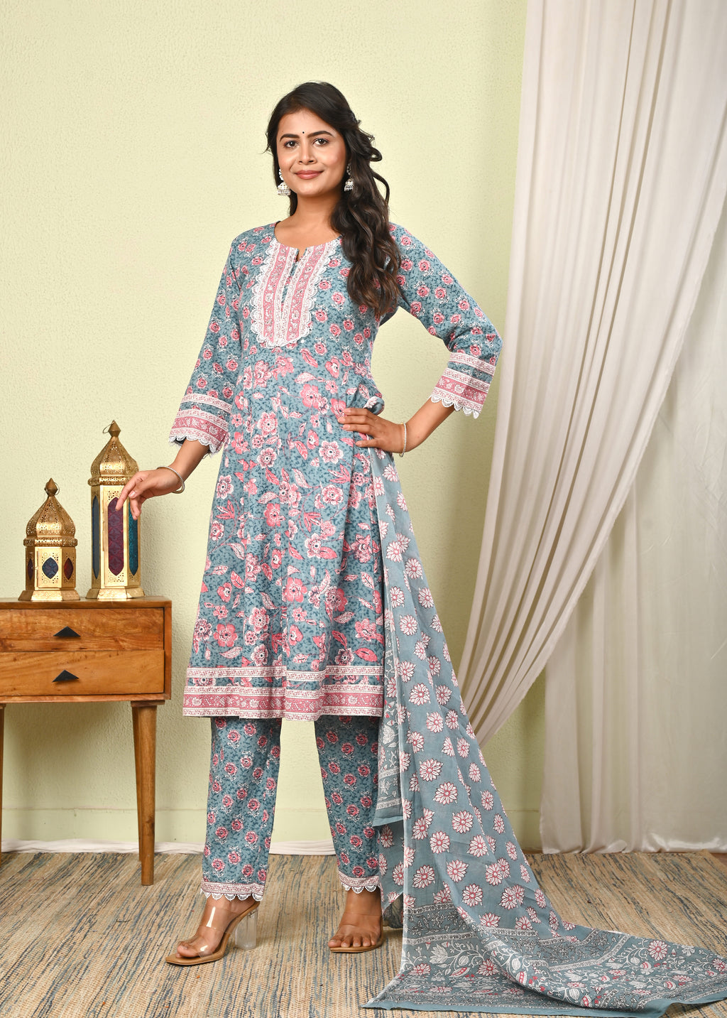 Women’s Cotton Printed Anarkali Kurta with Pant & Dupatta Set - (1404)