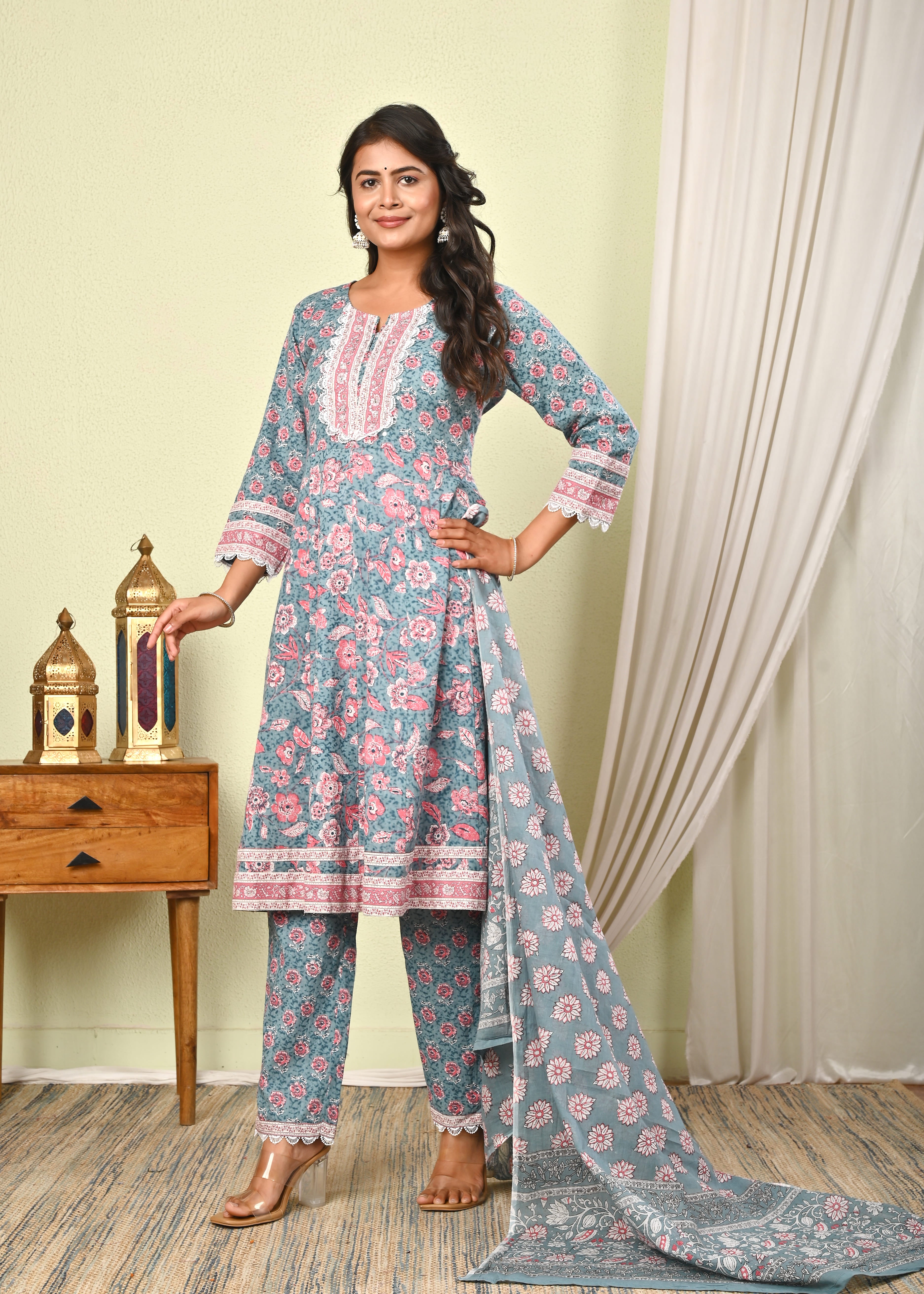 Women’s Cotton Printed Anarkali Kurta with Pant & Dupatta Set - (1404)