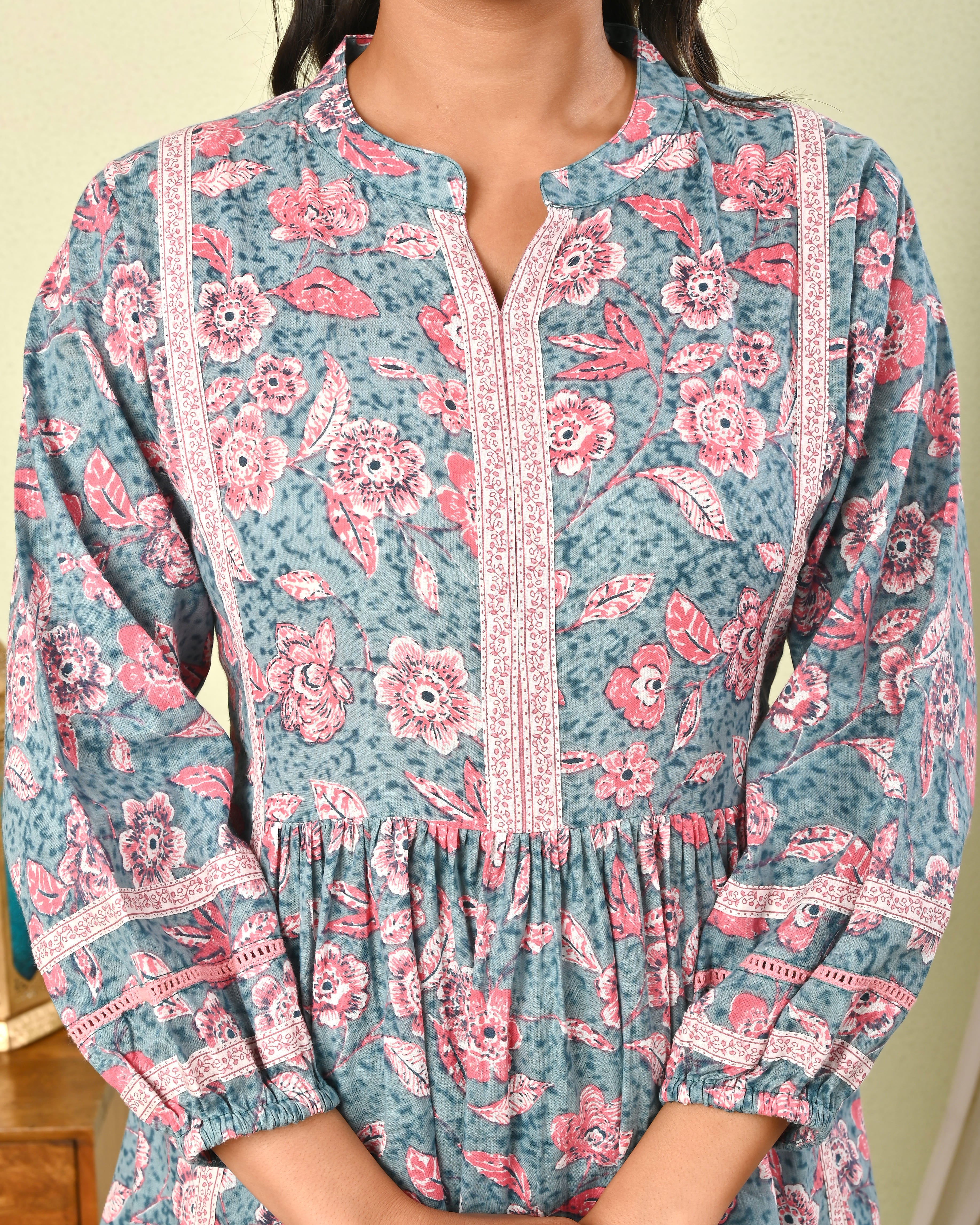 Blue Floral Printed Cotton Kurti Top for Women - (1412)