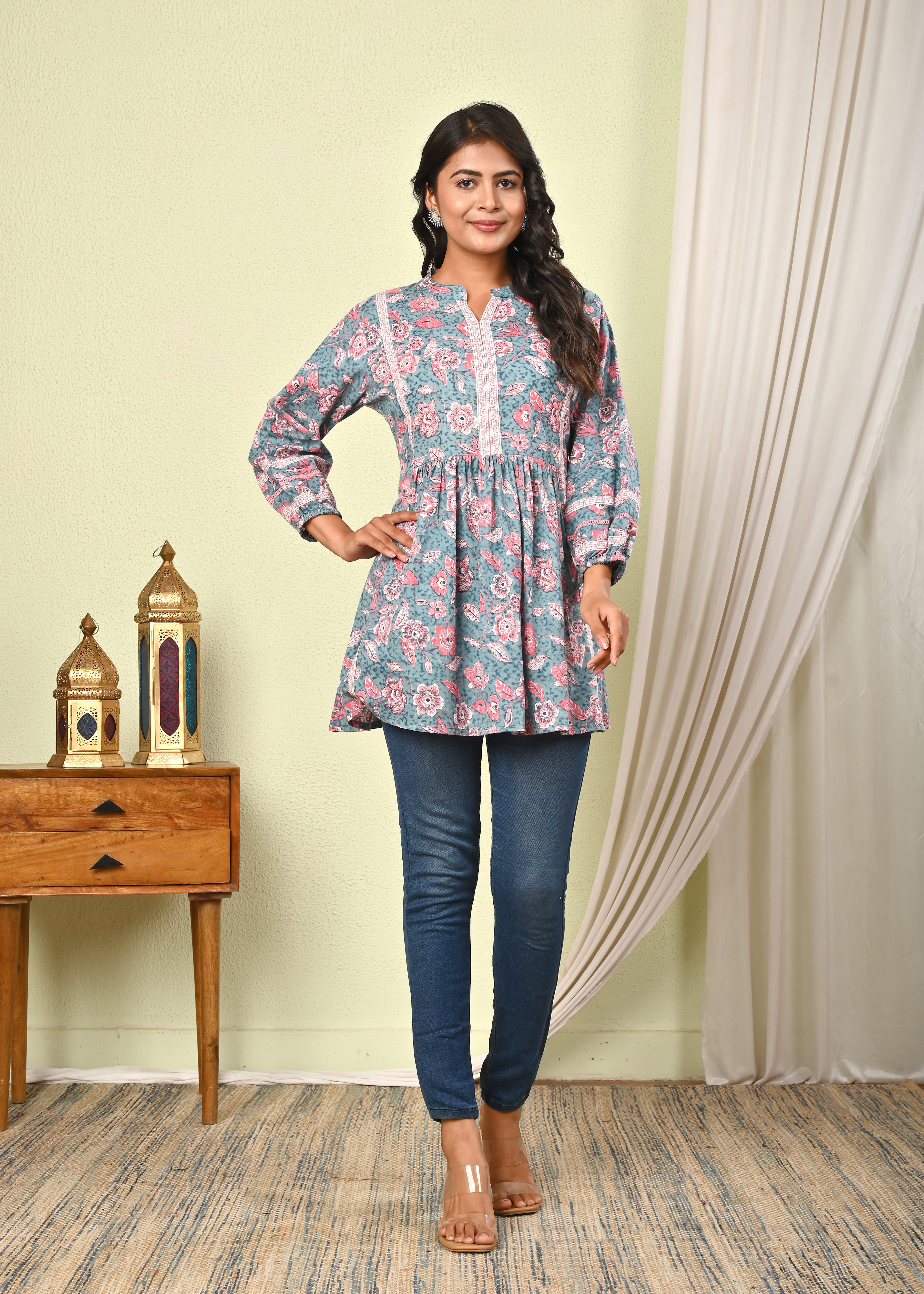 Blue Floral Printed Cotton Kurti Top for Women - (1412)