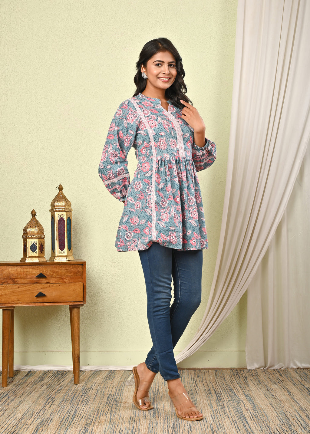 Blue Floral Printed Cotton Kurti Top for Women - (1412)