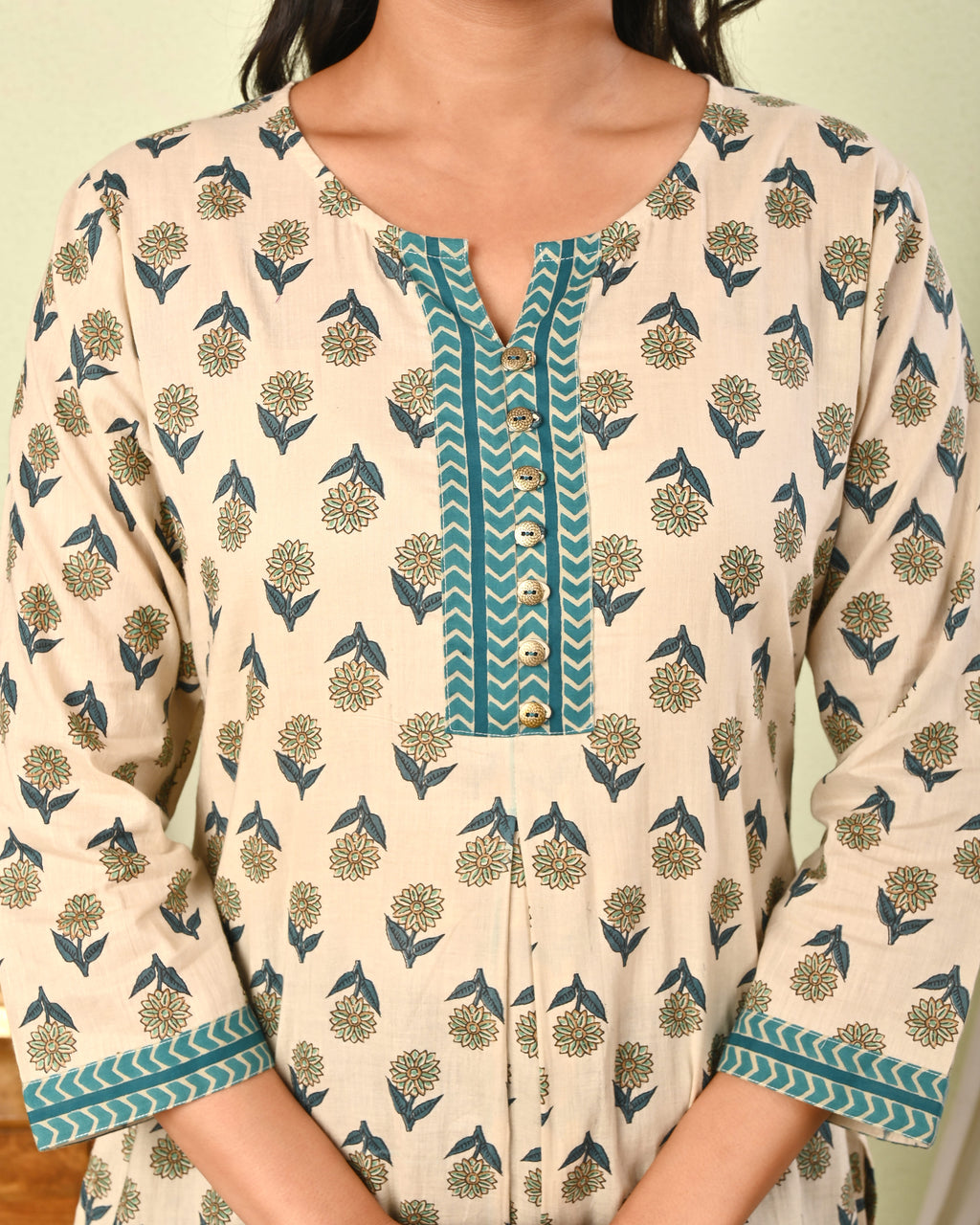 Women’s Beige Cotton Printed Kurti Top -(1414)