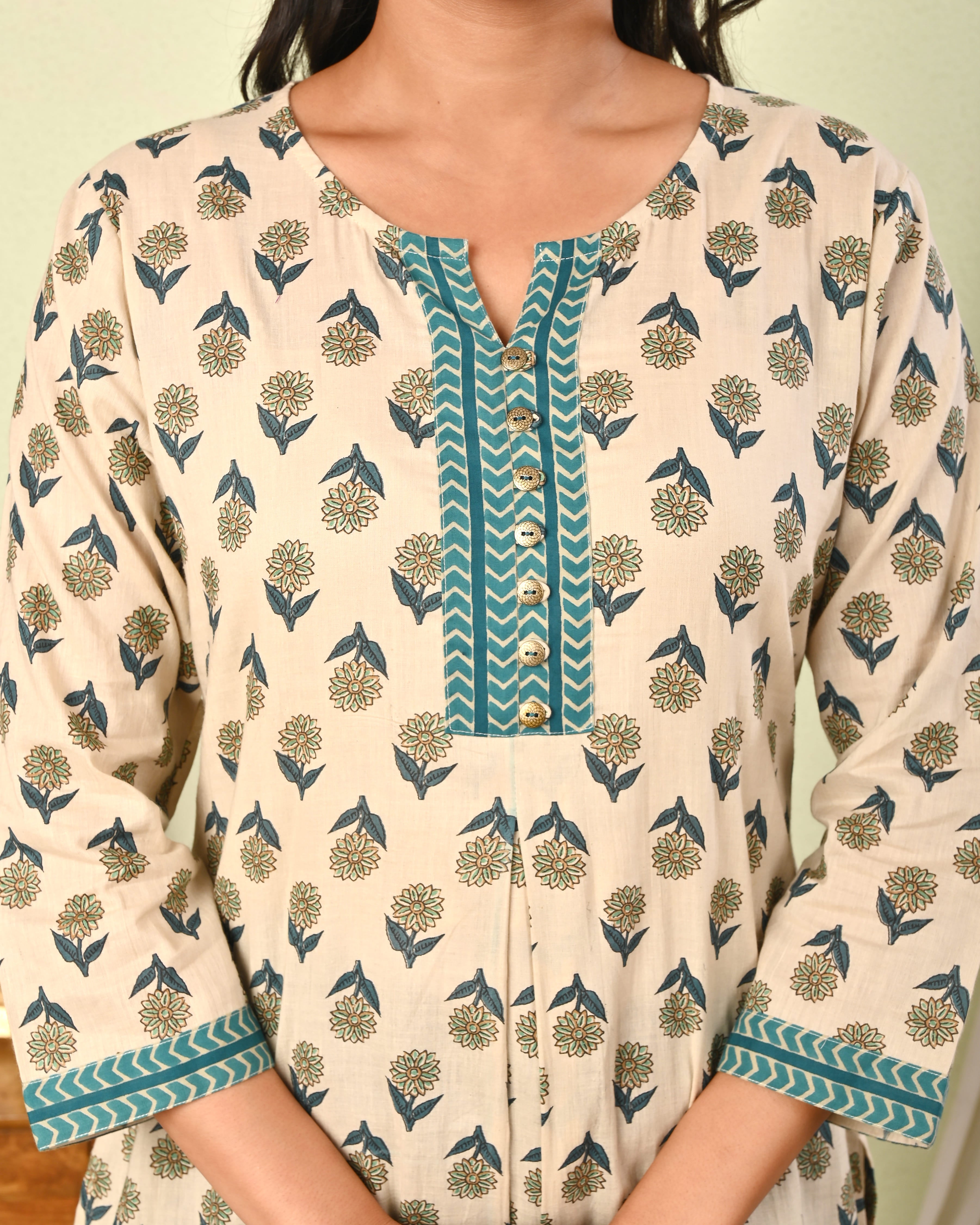 Women’s Beige Cotton Printed Kurti Top -(1414)