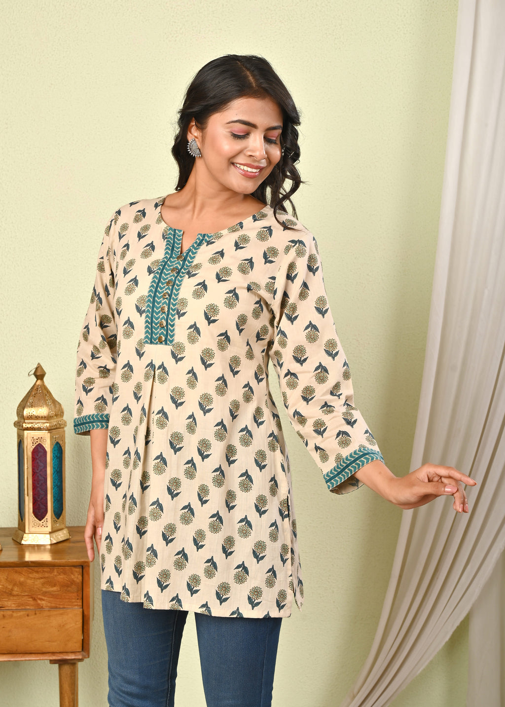 Women’s Beige Cotton Printed Kurti Top -(1414)