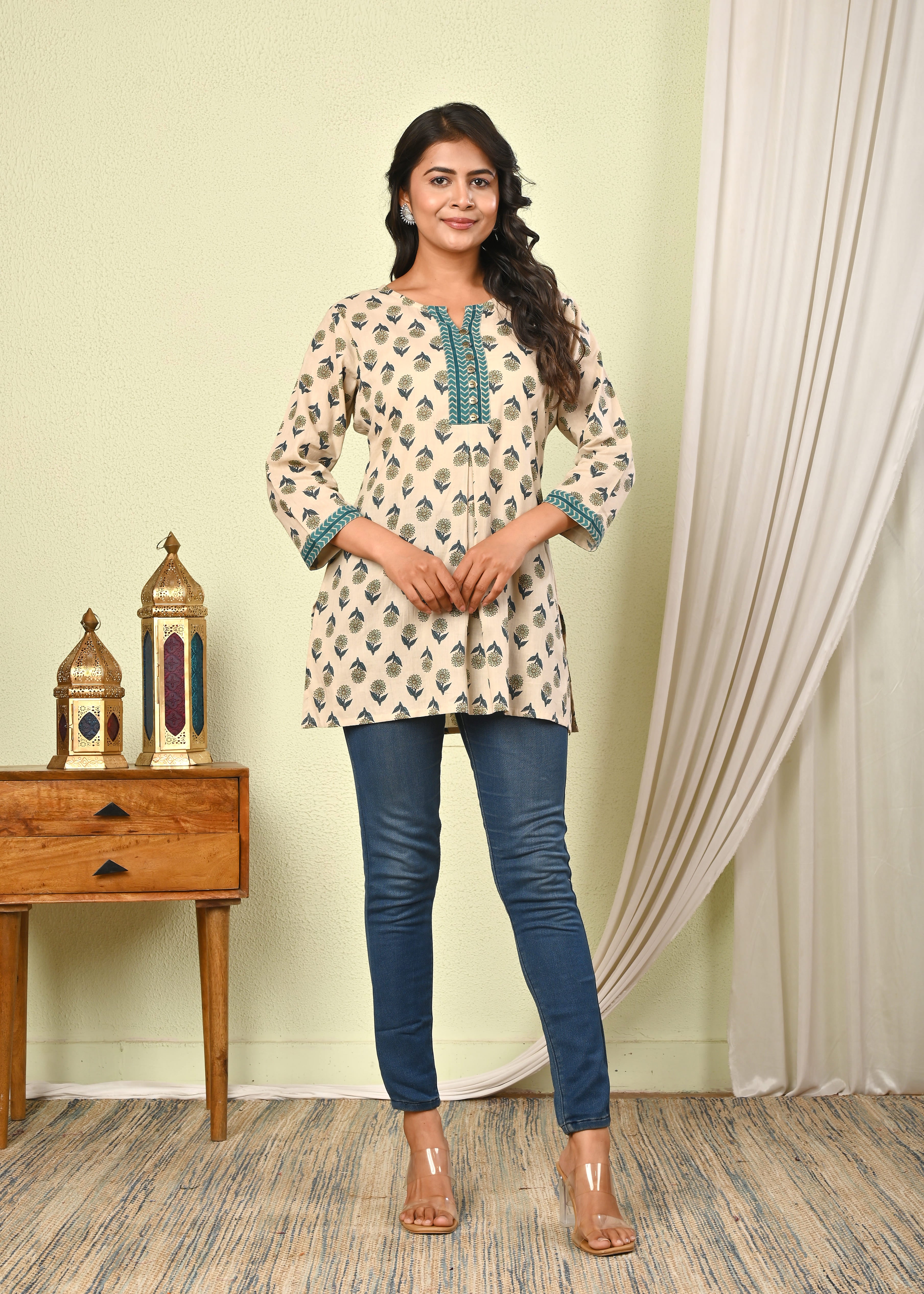Women’s Beige Cotton Printed Kurti Top -(1414)