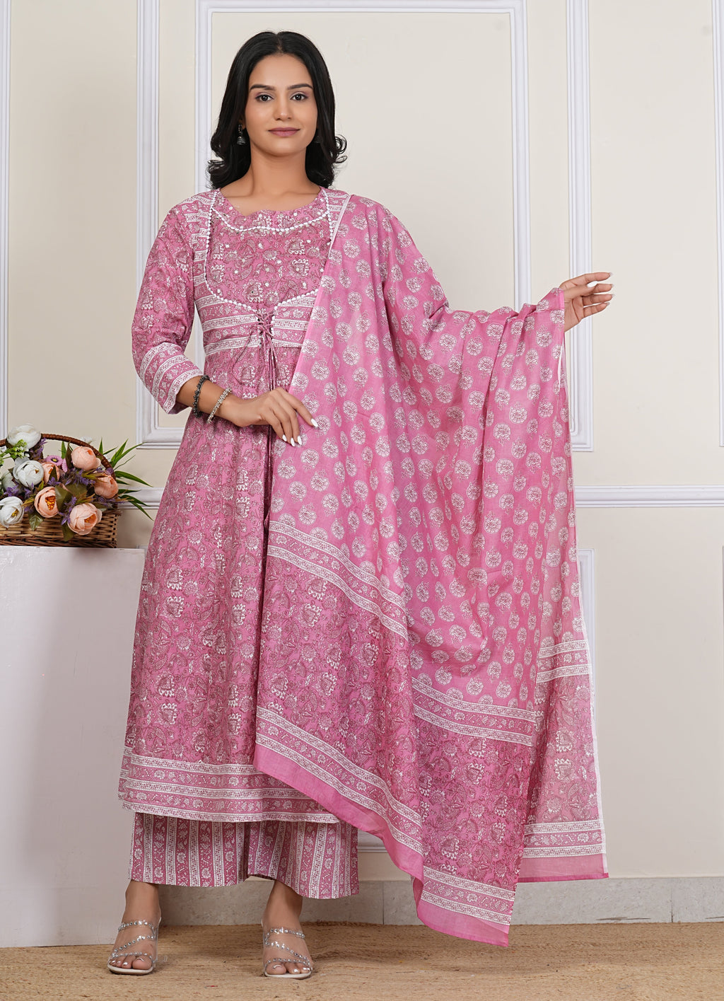 Pink Handblock Printed Cotton Kurta Pant Dupatta Set – Elegant Anarkali Style for Women - 1396
